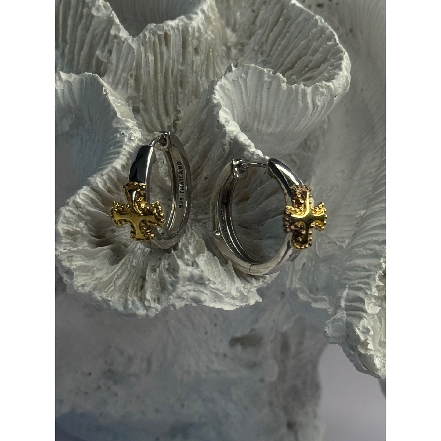 925 STERLING SILVER GOLD PLATED CROSS EARRINGS LENGTH 0.75 INCH