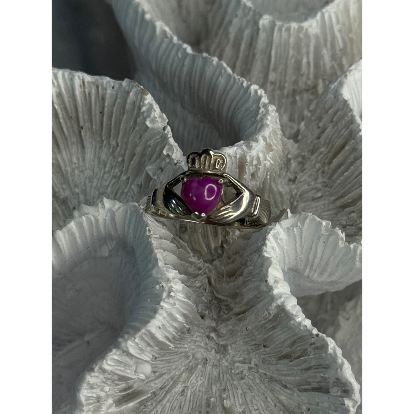 925 STERLING SILVER PINK STAR SAPPHIRE HEART RING SIZE 6