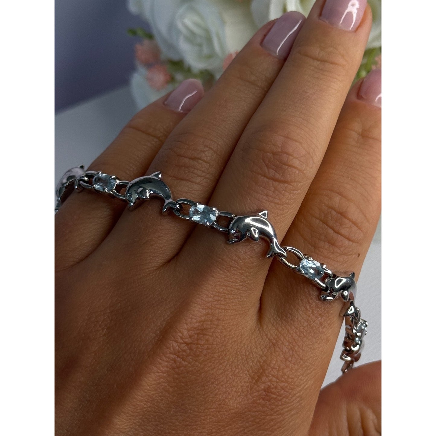 925 STERLING SILVER TOPAZ DOLPHIN BRACELET LENGTH 7.5