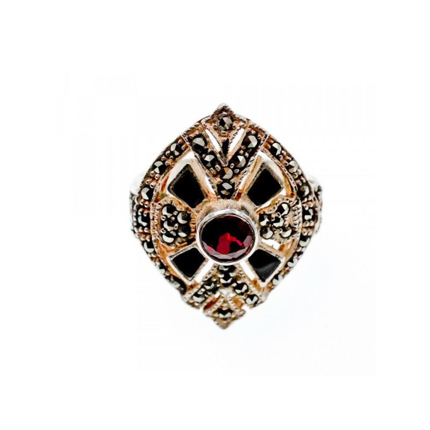 925 STERLING SILVER SPESSARTINE, BLACK NEPHRITE & MARCASITES RING SIZE 6.5