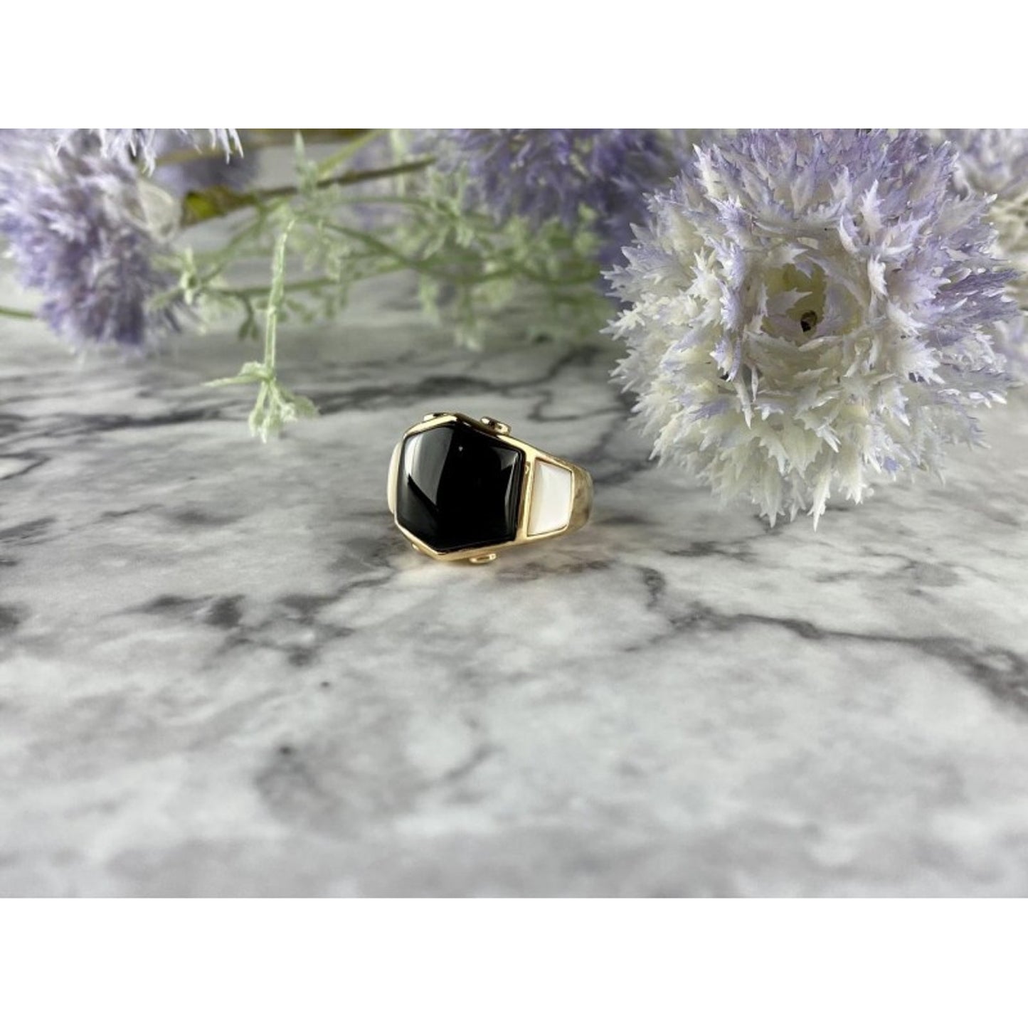 925 STERLING SILVER GOLD PLATED BLACK JADE, MOTHER OF PEARL & CZ RING SIZE 7