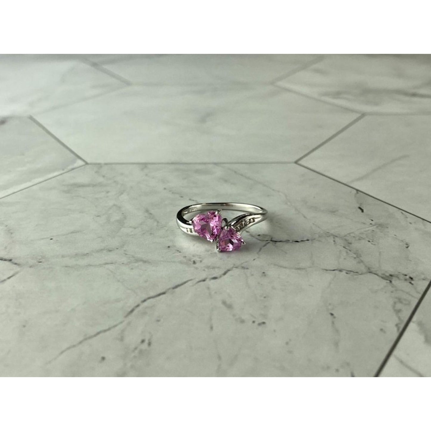 925 STERLING SILVER PINK TOPAZ "HEARTS" RING SIZE 7