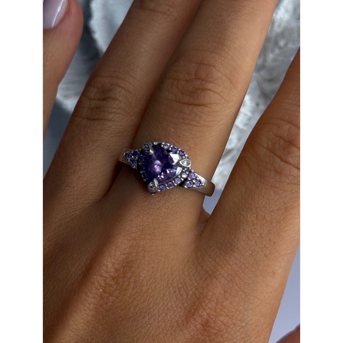 925 STERLING SILVER AMETHYST & DIAMOND HEART RING SIZE 8.5