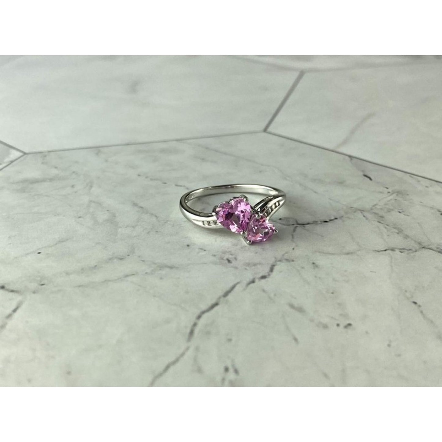 925 STERLING SILVER PINK TOPAZ "HEARTS" RING SIZE 7
