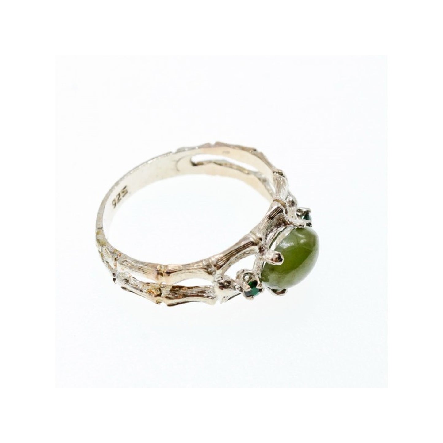 925 STERLING SILVER NEPHRITE ( JADE ) & EMERALDS RING SIZE 8