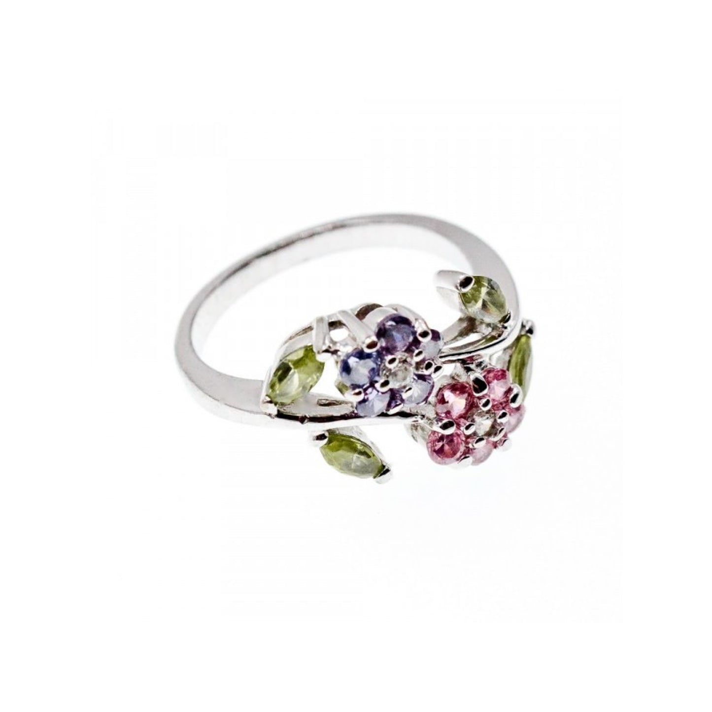 925 STERLING SILVER AMETHYST, MORGANITE, PERIDOT & CZ "FLOWERS" RING SIZE 8
