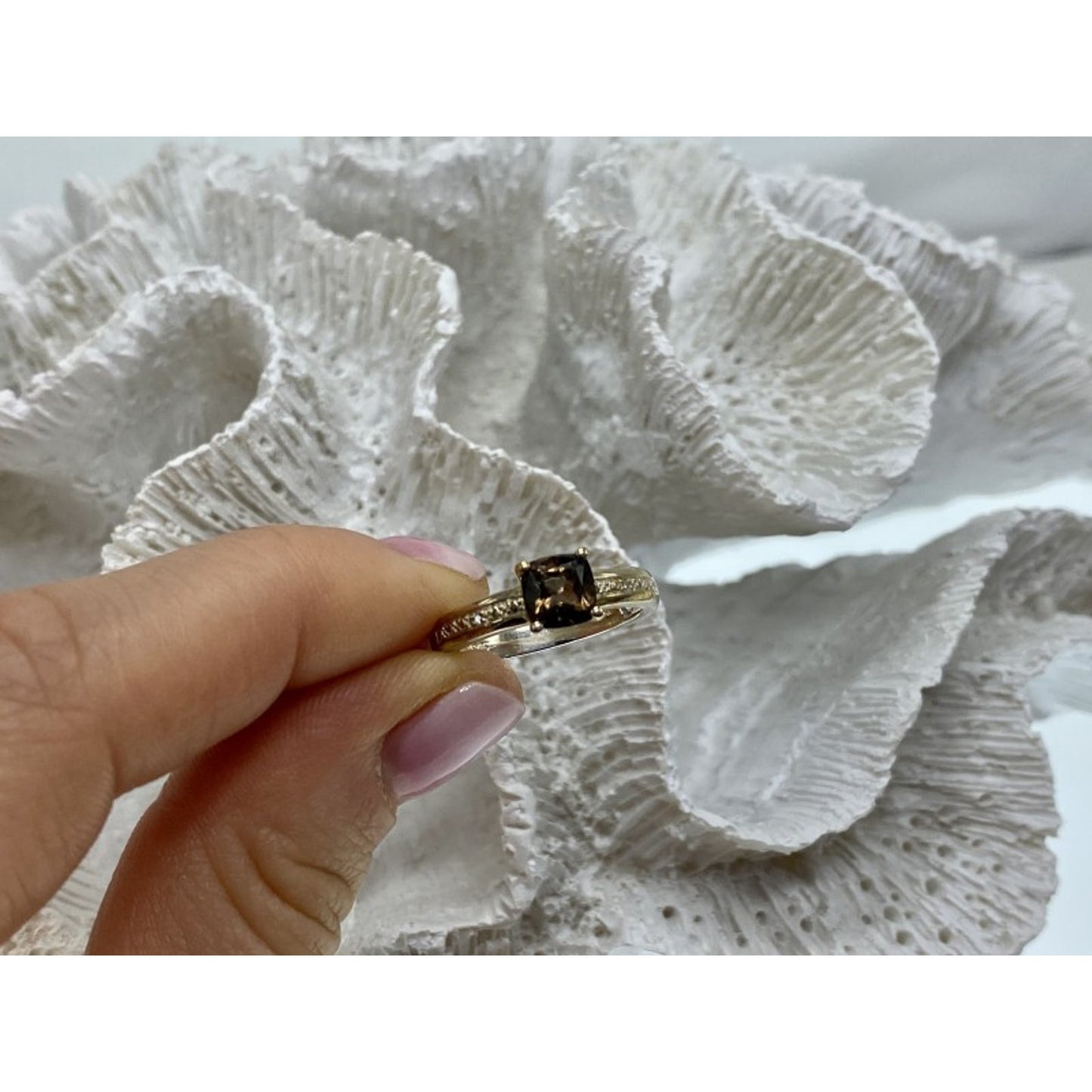 925 STERLING SILVER HESSONITE & DIAMONDS RING SIZE 7