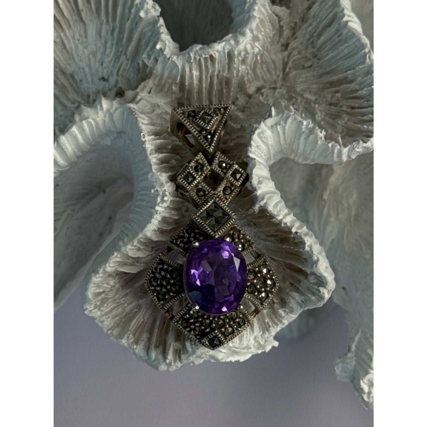 925 STERLING SILVER AMETHYST & MARCASITE PENDANT LENGTH 1.50 INCH