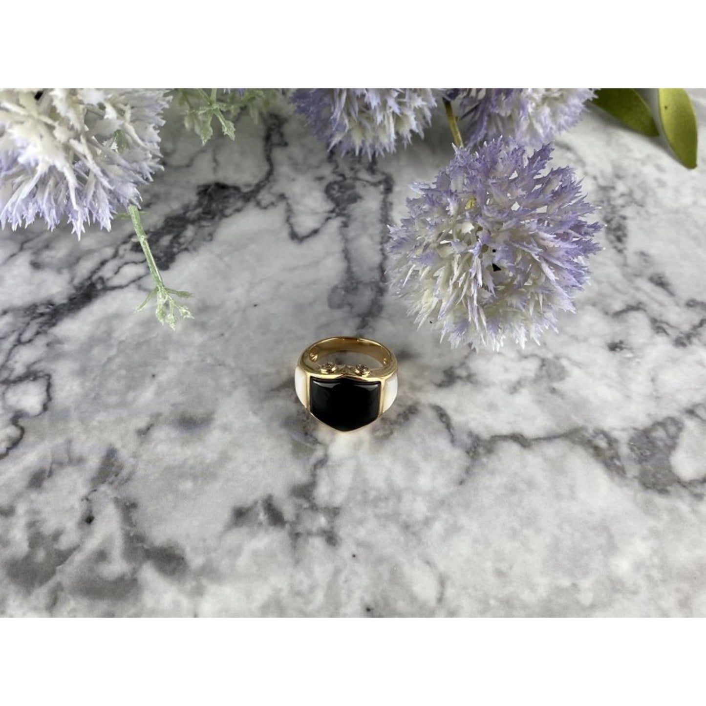 925 STERLING SILVER GOLD PLATED BLACK JADE, MOTHER OF PEARL & CZ RING SIZE 7