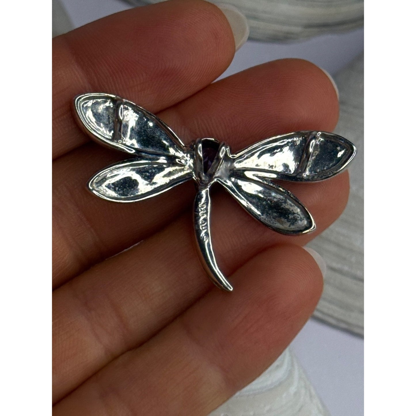 925 Sterling Silver Dragonfly Amethyst & Cz Pendant Length 1 inch