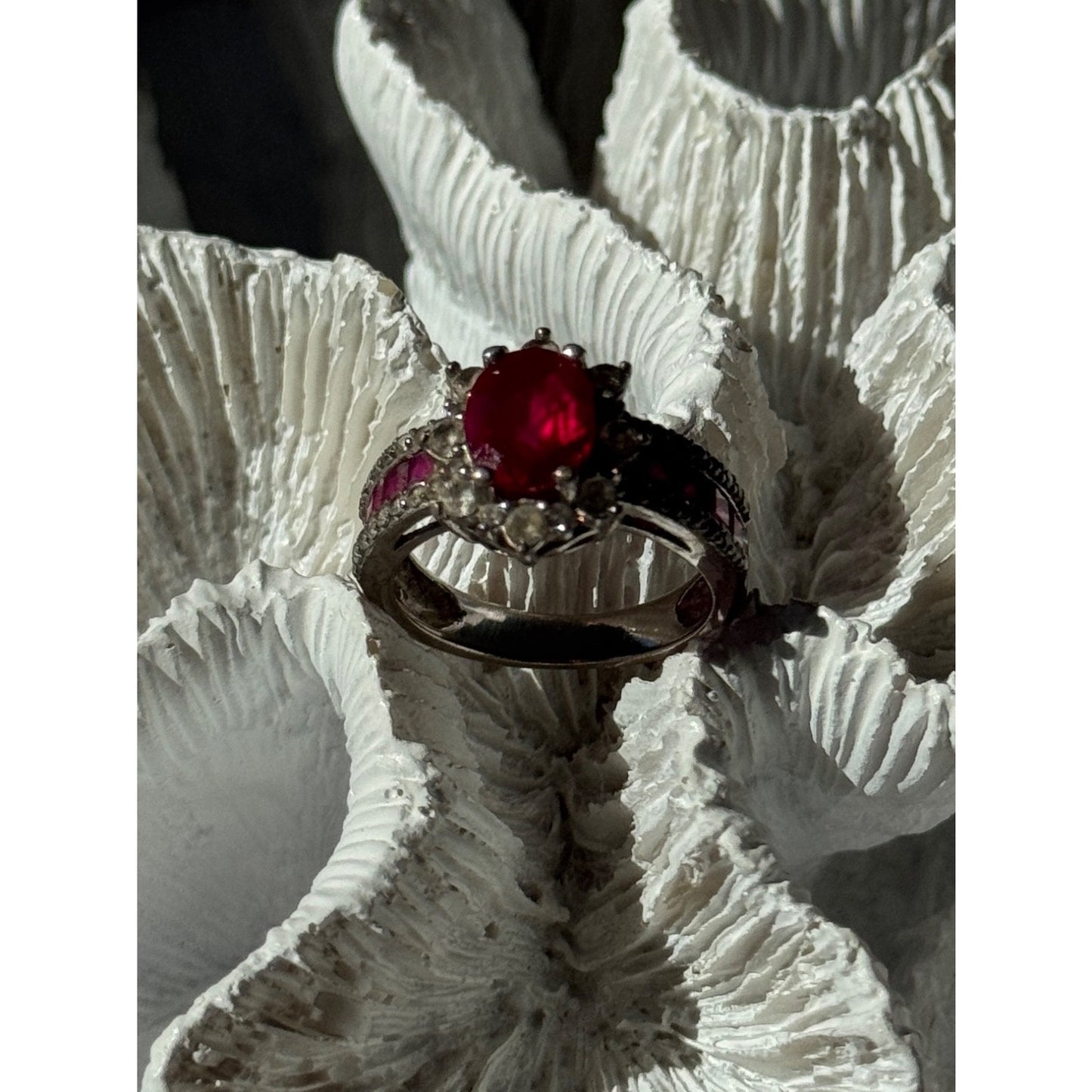 925 Sterling Silver Ruby & Beryl Flower Ring Size 7