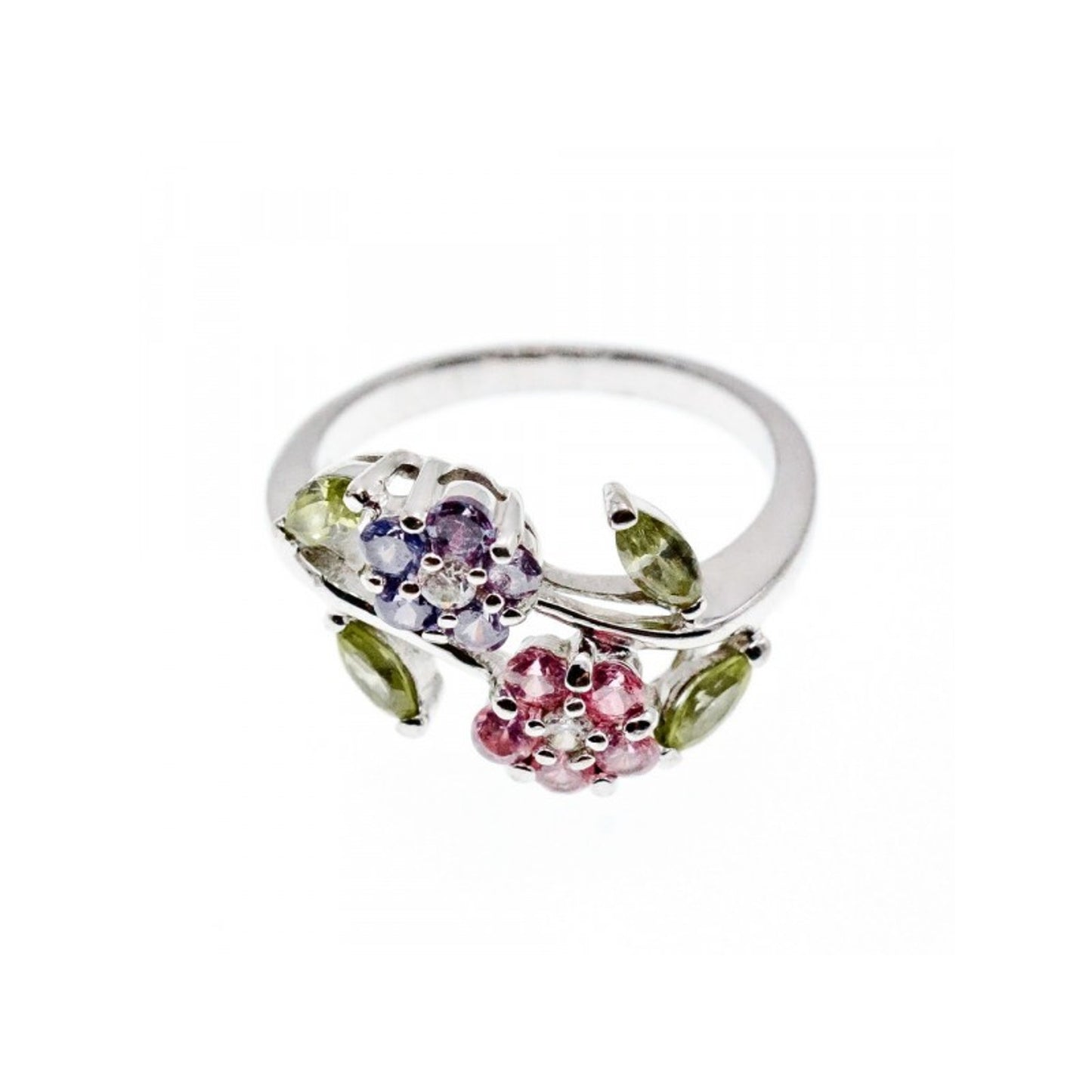 925 STERLING SILVER AMETHYST, MORGANITE, PERIDOT & CZ "FLOWERS" RING SIZE 8