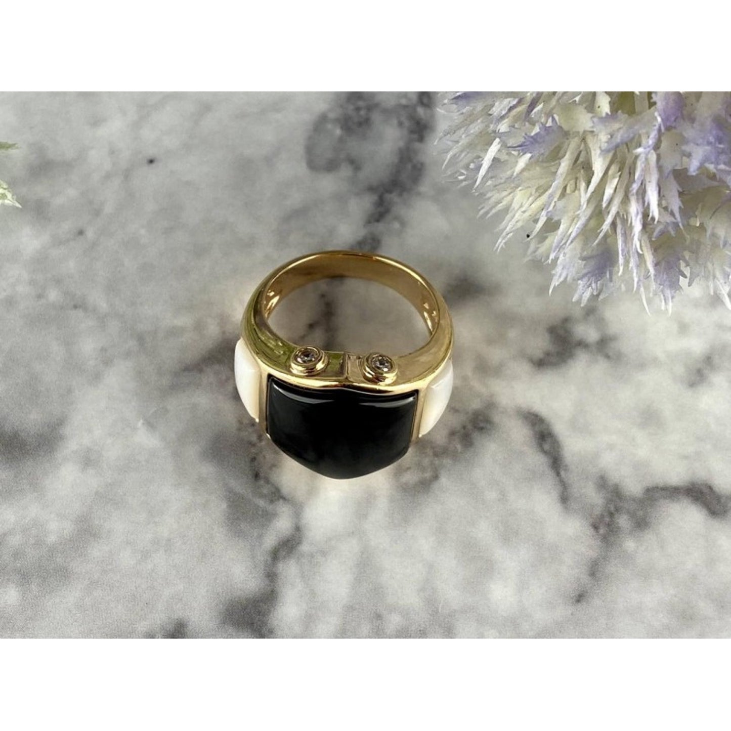 925 STERLING SILVER GOLD PLATED BLACK JADE, MOTHER OF PEARL & CZ RING SIZE 7