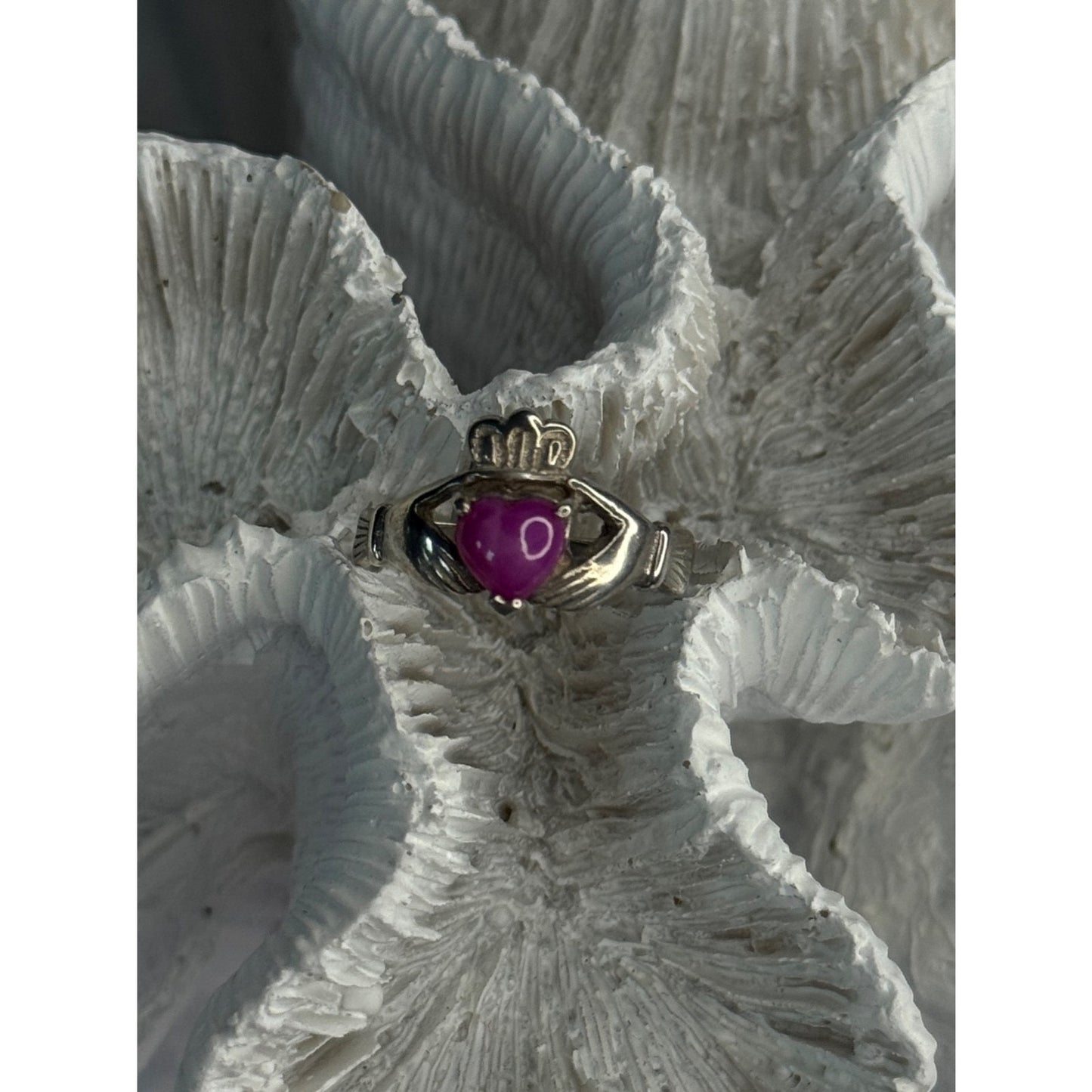 925 STERLING SILVER PINK STAR SAPPHIRE HEART RING SIZE 6