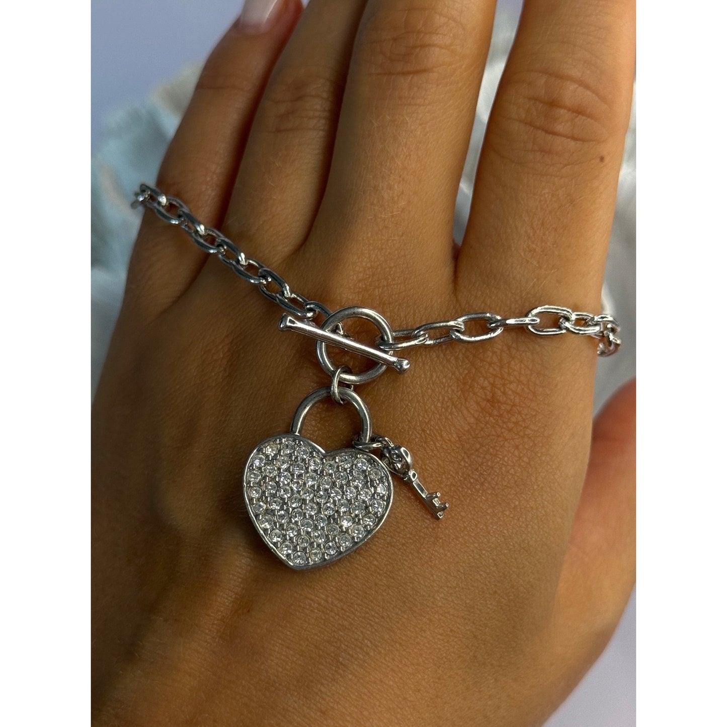 925 Sterling Silver Heart & Key Cz Bracelet Length 7.5
