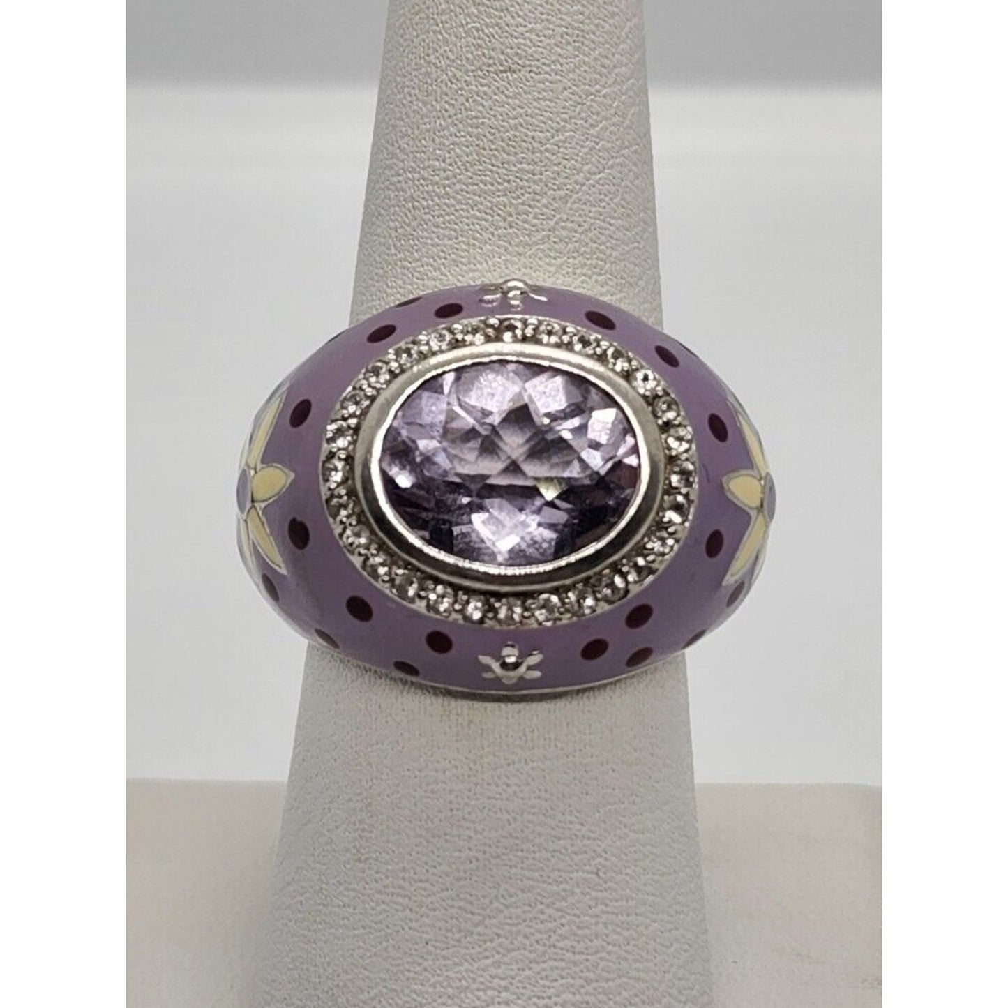 925 STERLING SILVER WITH AMETHYST & QUARTZ ON ENAMEL RING SIZE 7.5