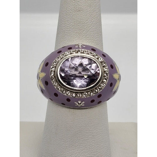 925 STERLING SILVER WITH AMETHYST & QUARTZ ON ENAMEL RING SIZE 7.5