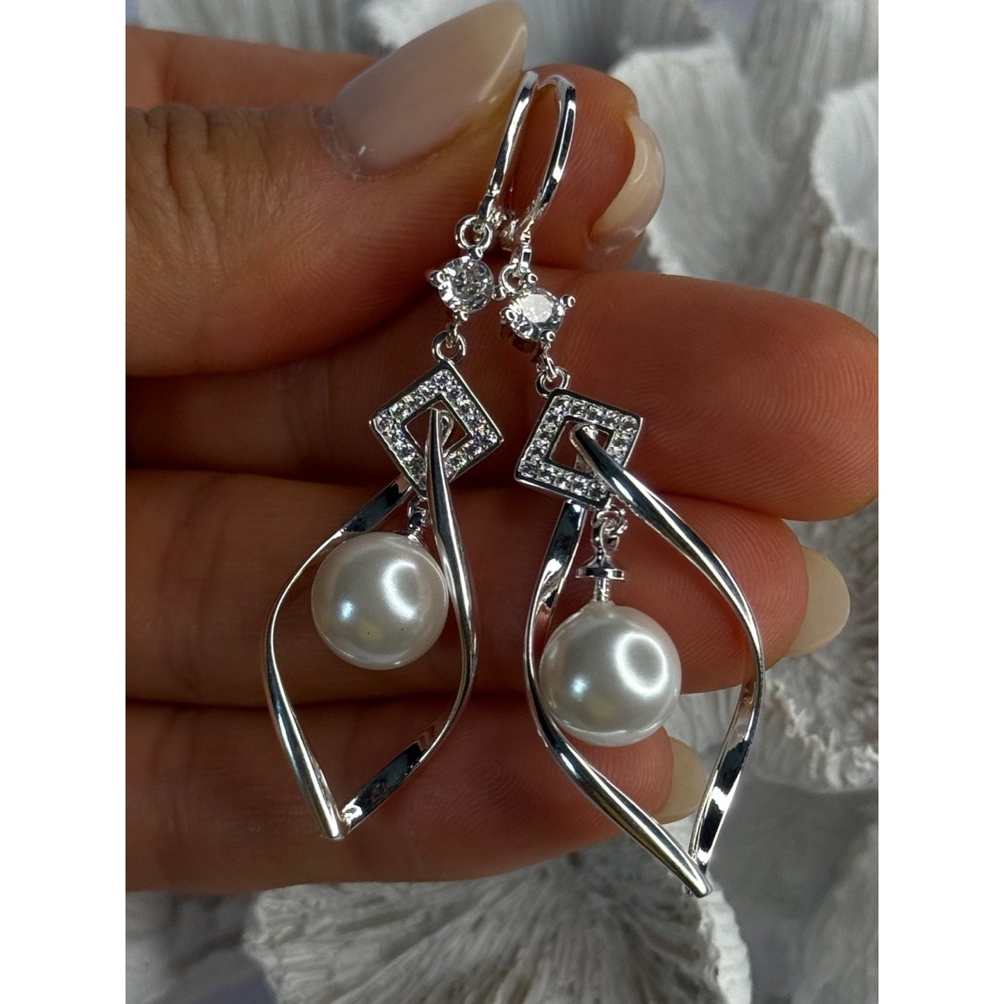 Beautiful Design 925 Sterling Silver Pearl & CZ Earrings Length 2.30 inch