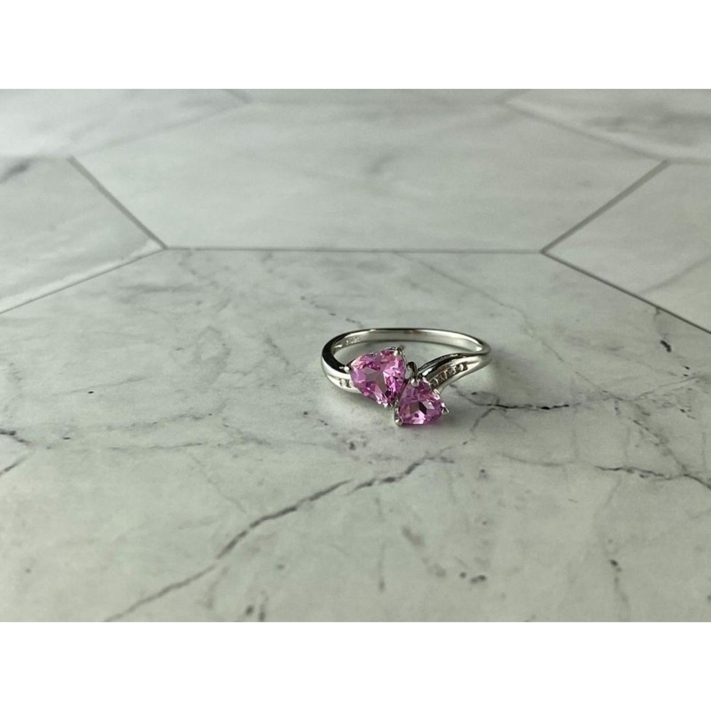 925 STERLING SILVER PINK TOPAZ "HEARTS" RING SIZE 7