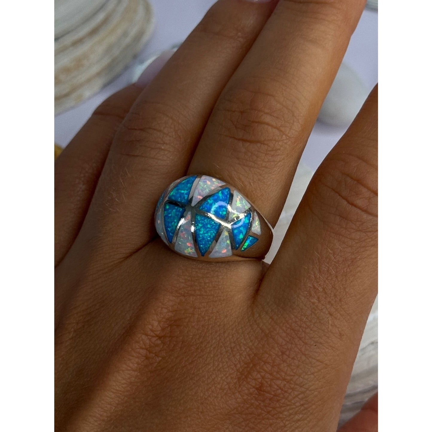 Classy Design 925 Sterling Silver Opal Ring Size 8.5
