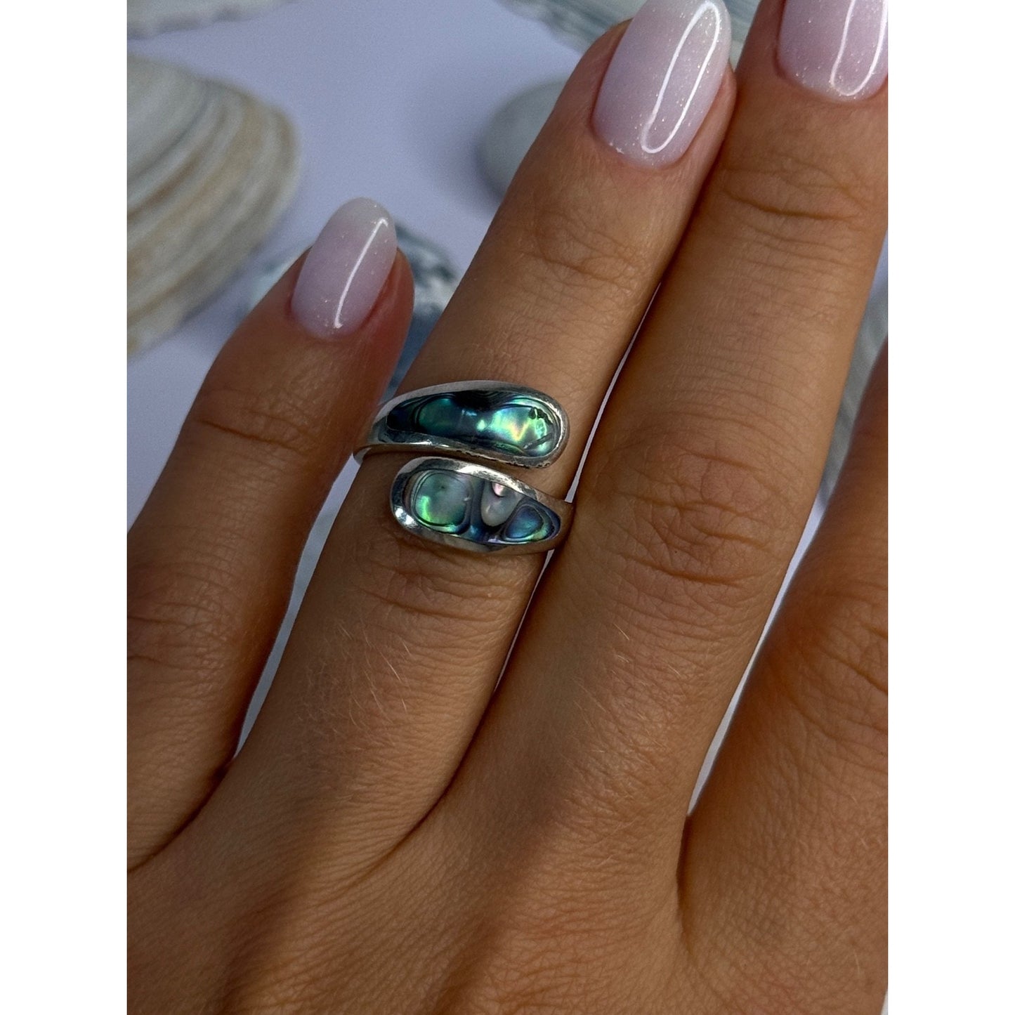 925 Sterling Silver Abalone Ring Size 7.5 Sizable Design