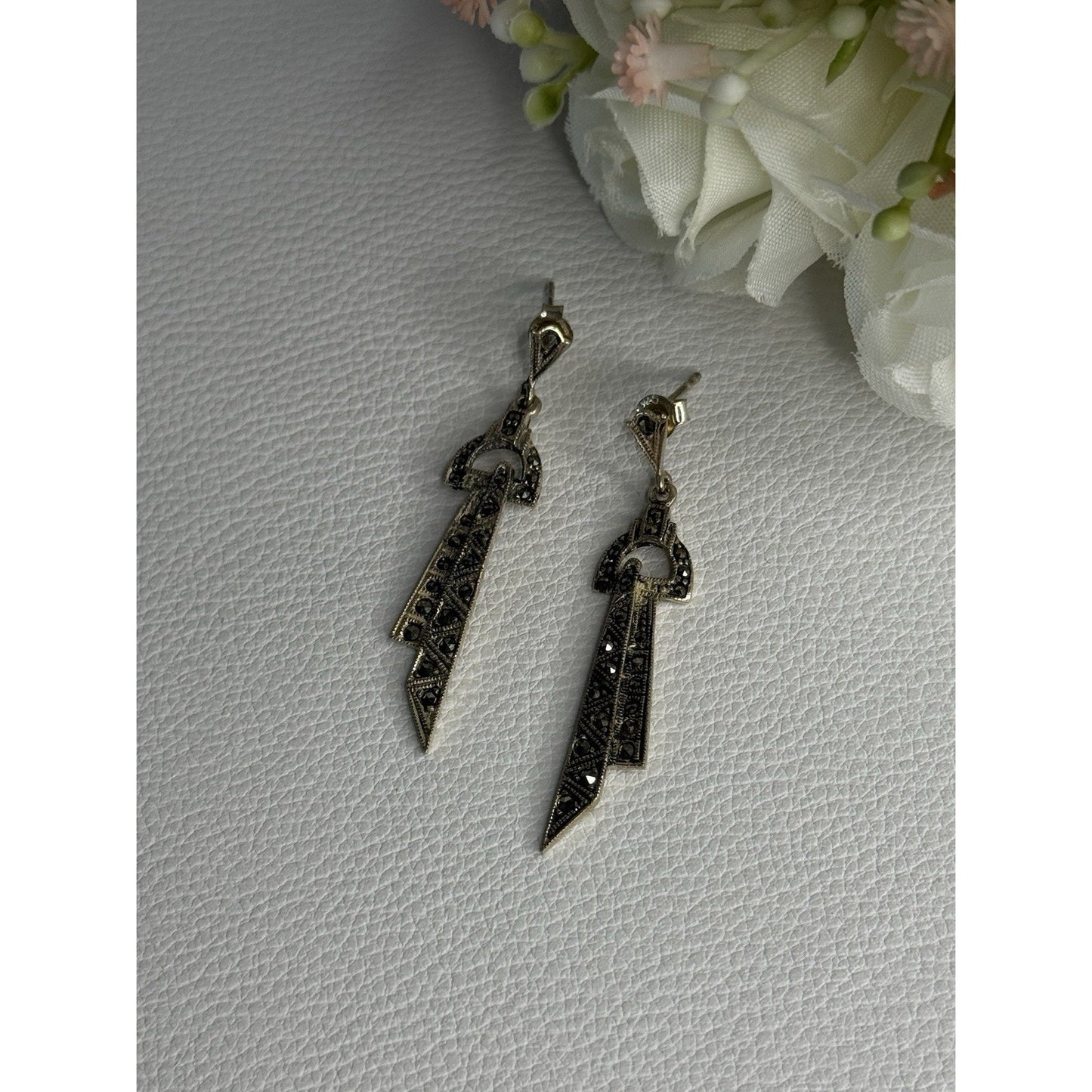 ELEGANT 925 STERLING SILVER MARCASITE EARRINGS LENGTH 1.80 INCH