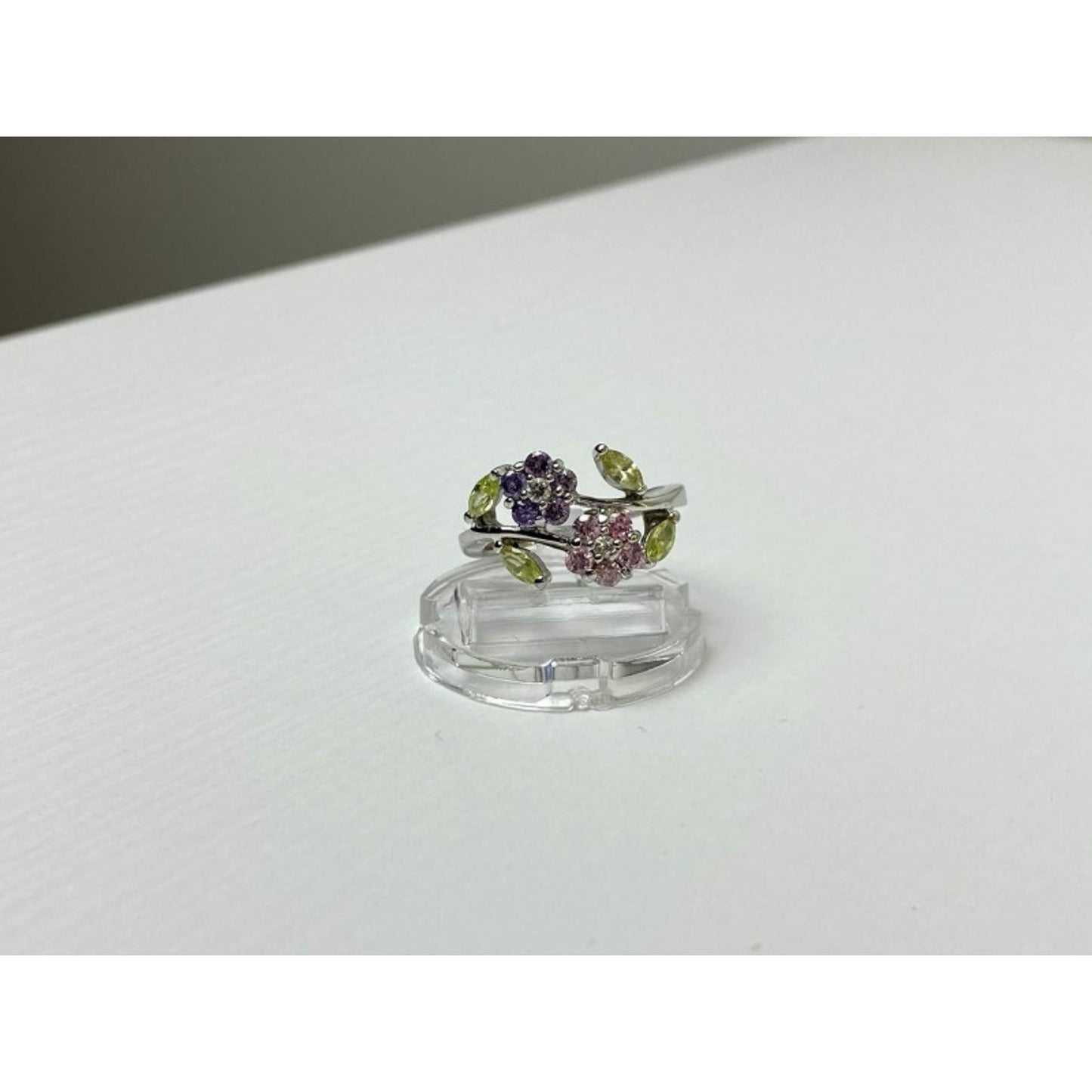 925 STERLING SILVER AMETHYST, MORGANITE, PERIDOT & CZ "FLOWERS" RING SIZE 8