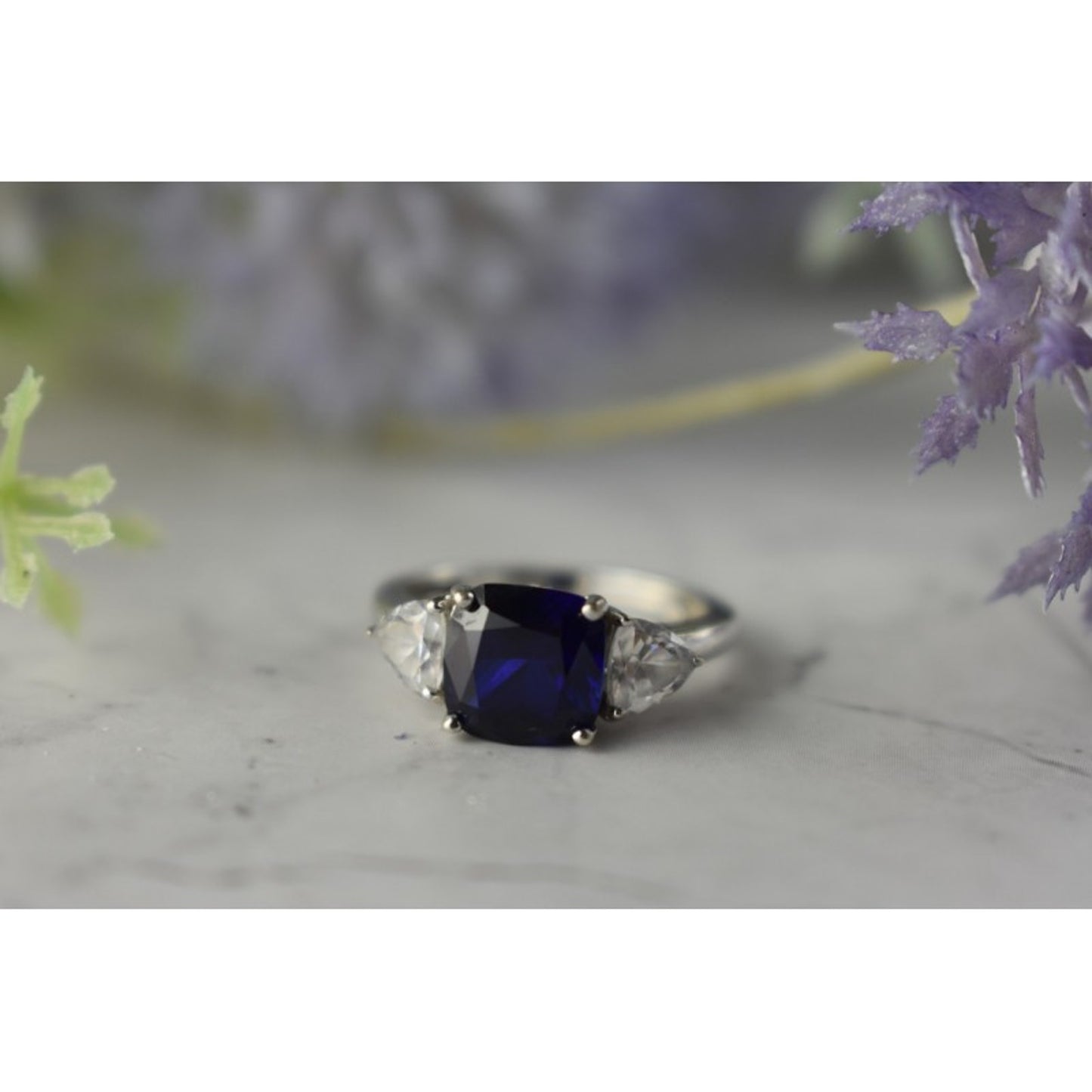 925 STERLING SILVER SAPPHIRE & CZ RING SIZE 6.5