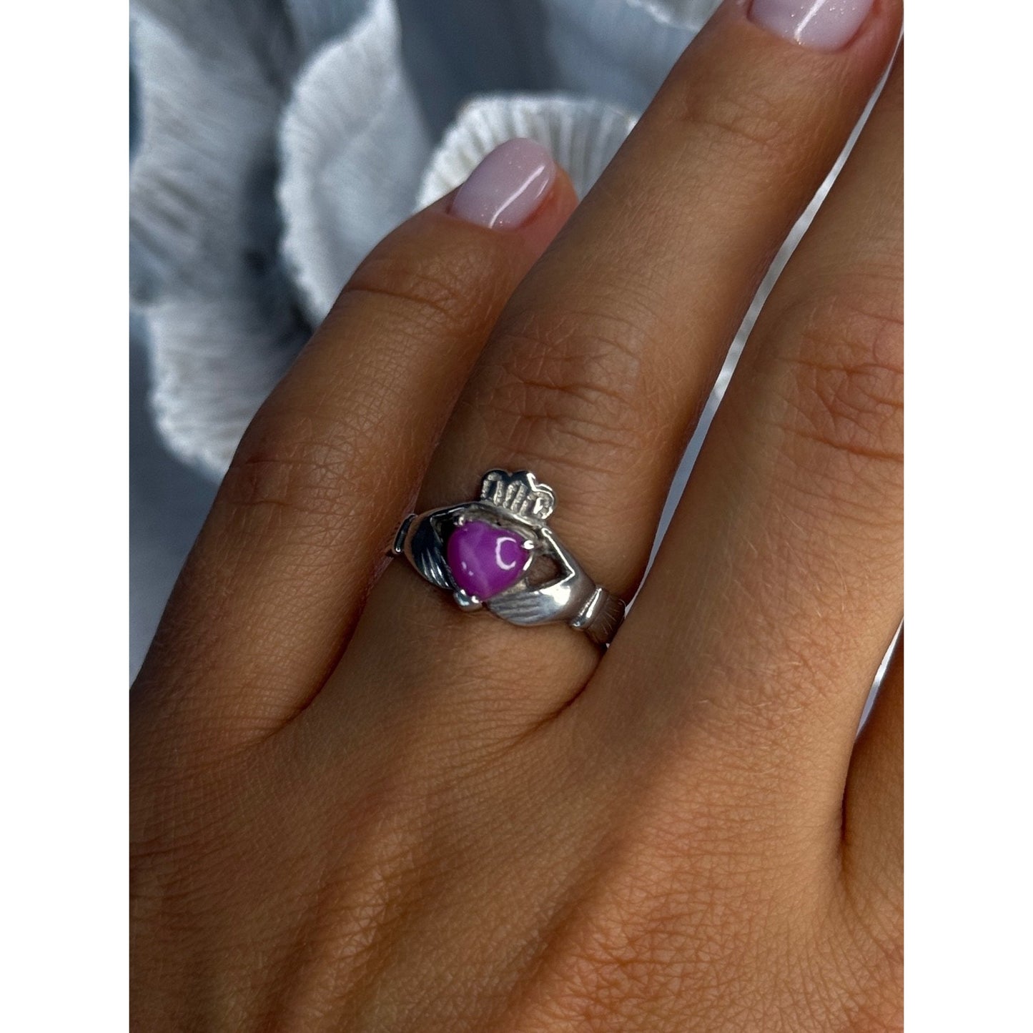 925 STERLING SILVER PINK STAR SAPPHIRE HEART RING SIZE 6