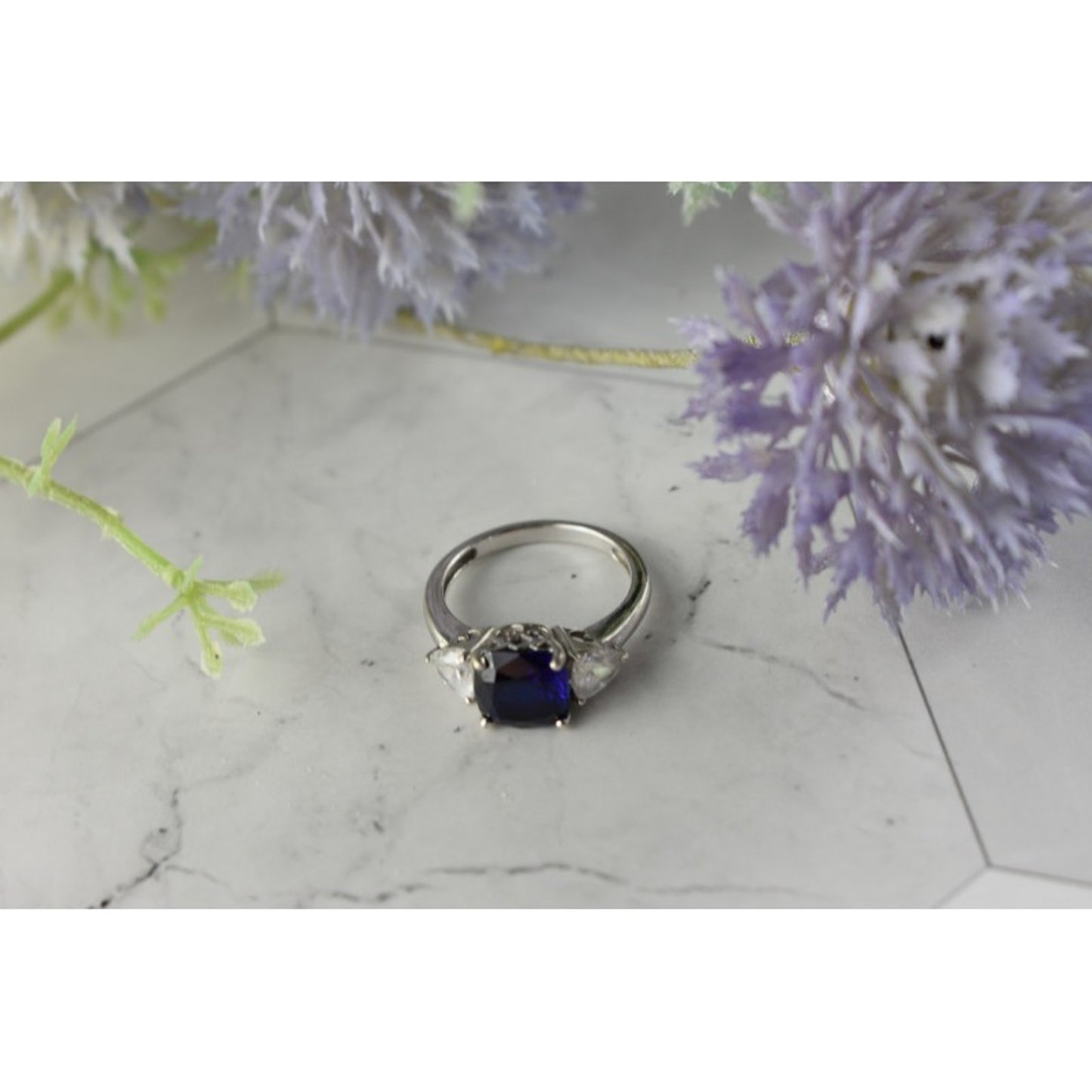 925 STERLING SILVER SAPPHIRE & CZ RING SIZE 6.5