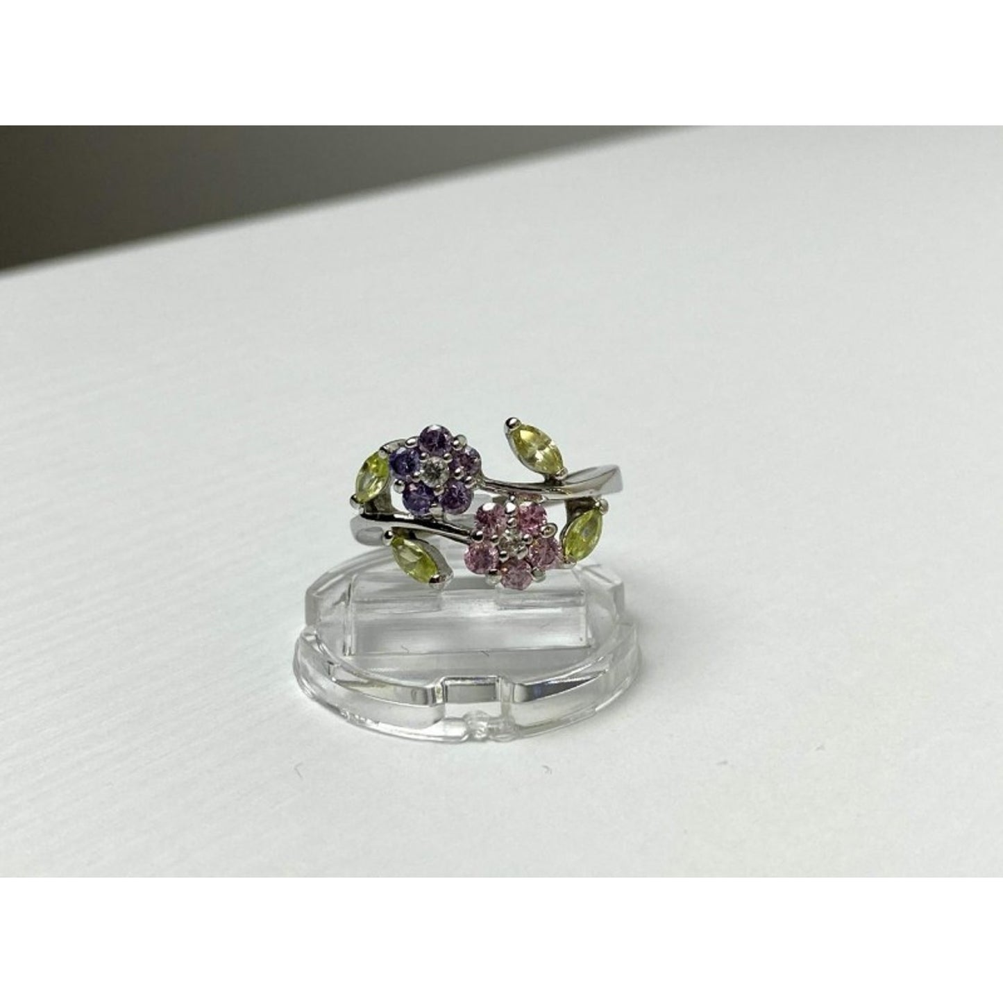 925 STERLING SILVER AMETHYST, MORGANITE, PERIDOT & CZ "FLOWERS" RING SIZE 8