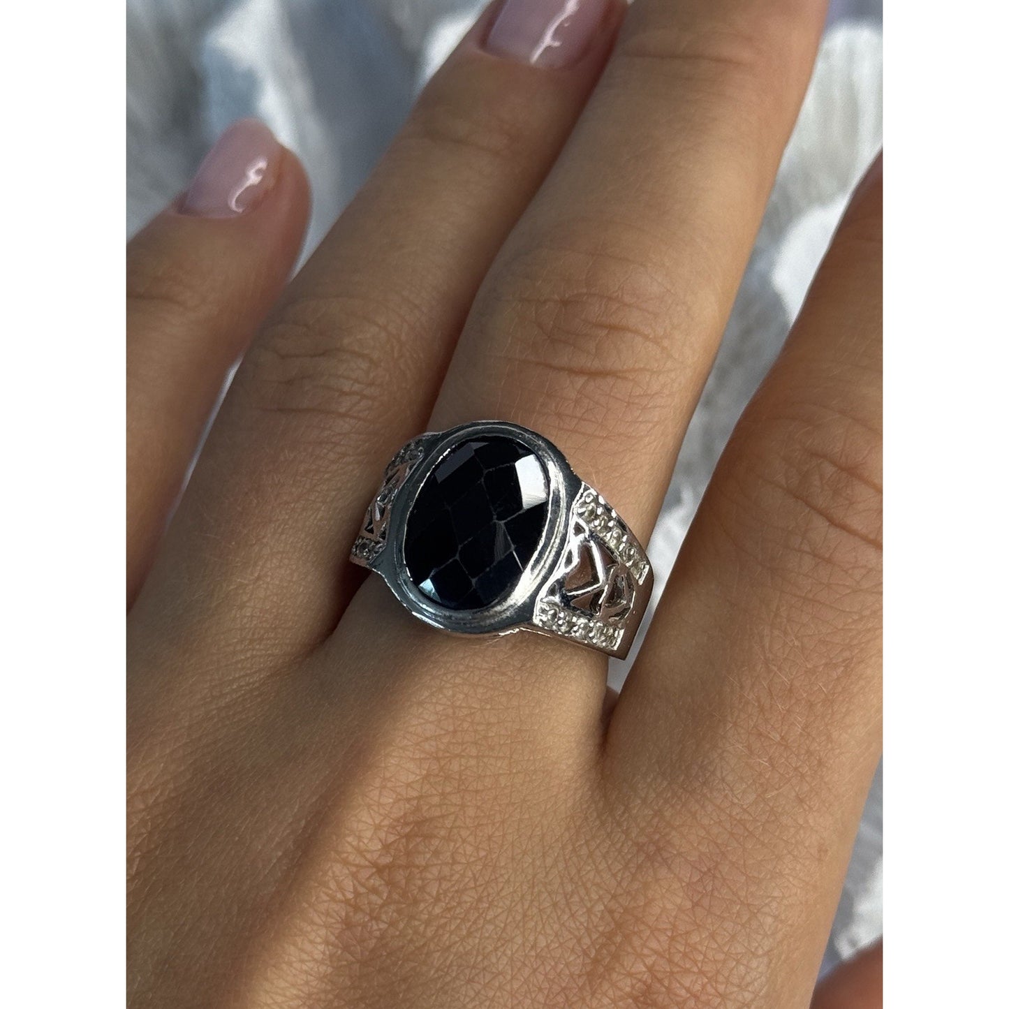 925 STERLING SILVER ONYX & BERYL RING SIZE 9