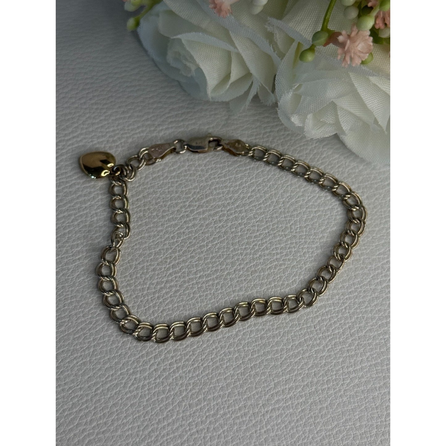 925 STERLING SILVER 14K YELLOW GOLD HEART ITALY BRACELET LENGTH 7