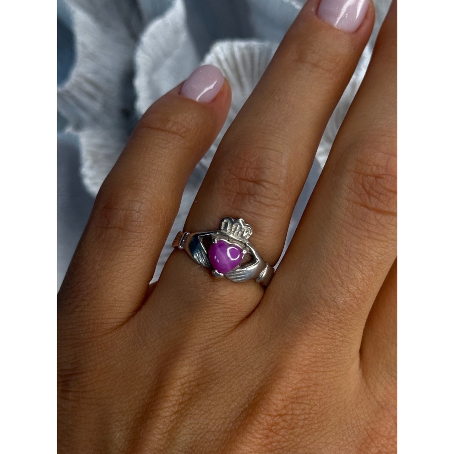 925 STERLING SILVER PINK STAR SAPPHIRE HEART RING SIZE 6