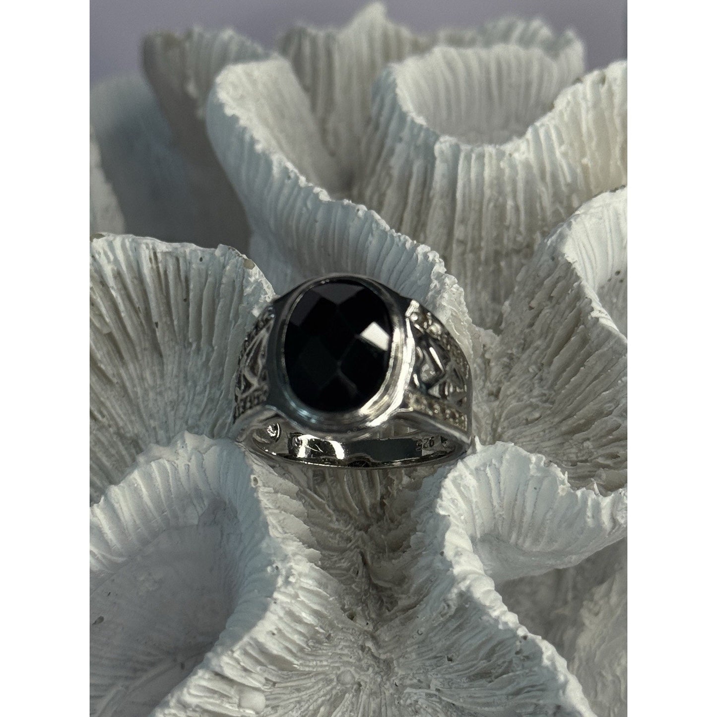 925 STERLING SILVER ONYX & BERYL RING SIZE 9