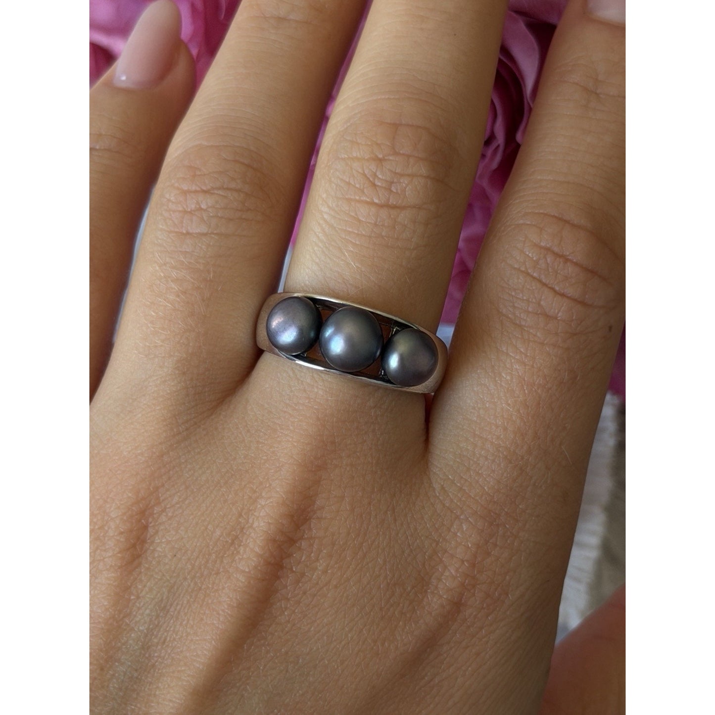 925 Sterling Silver Black Pearl Ring Size 9