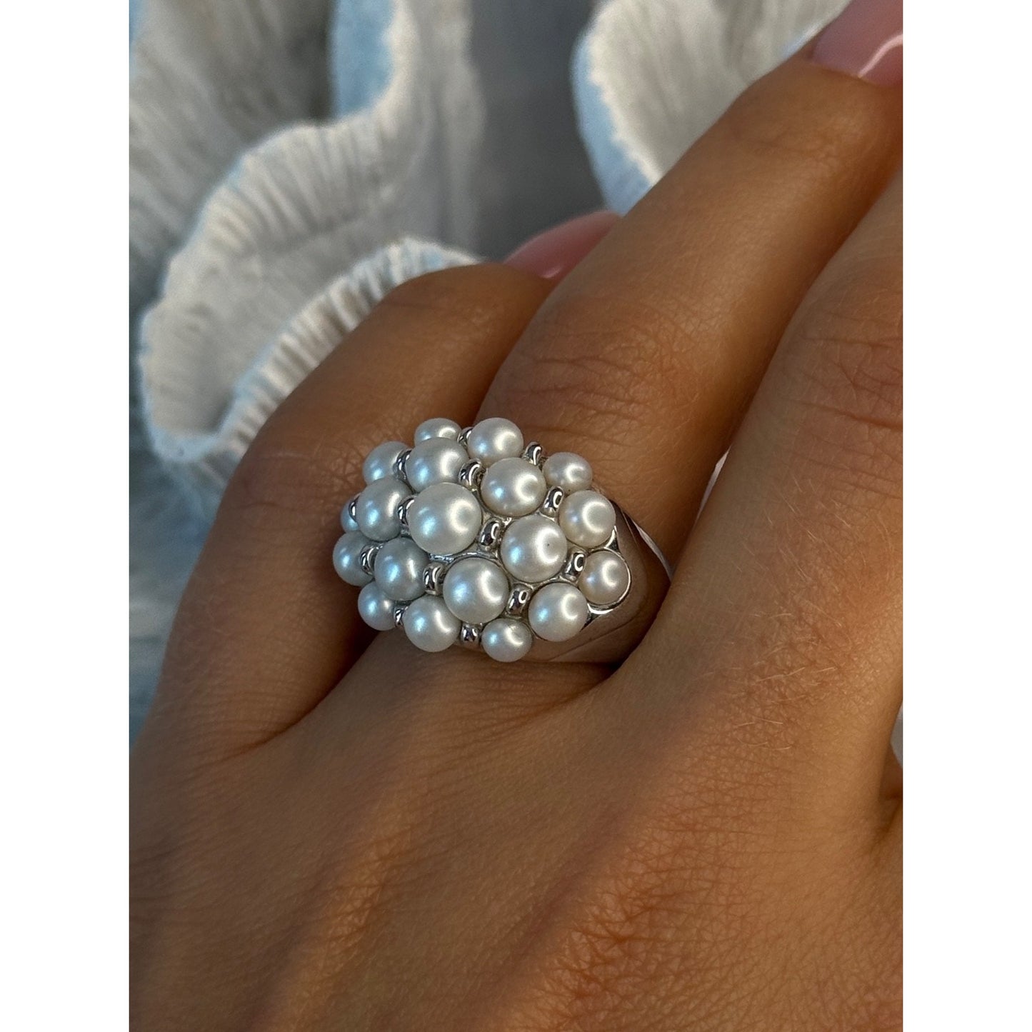 Elegant 925 Sterling Silver Pearl Ring Size 7