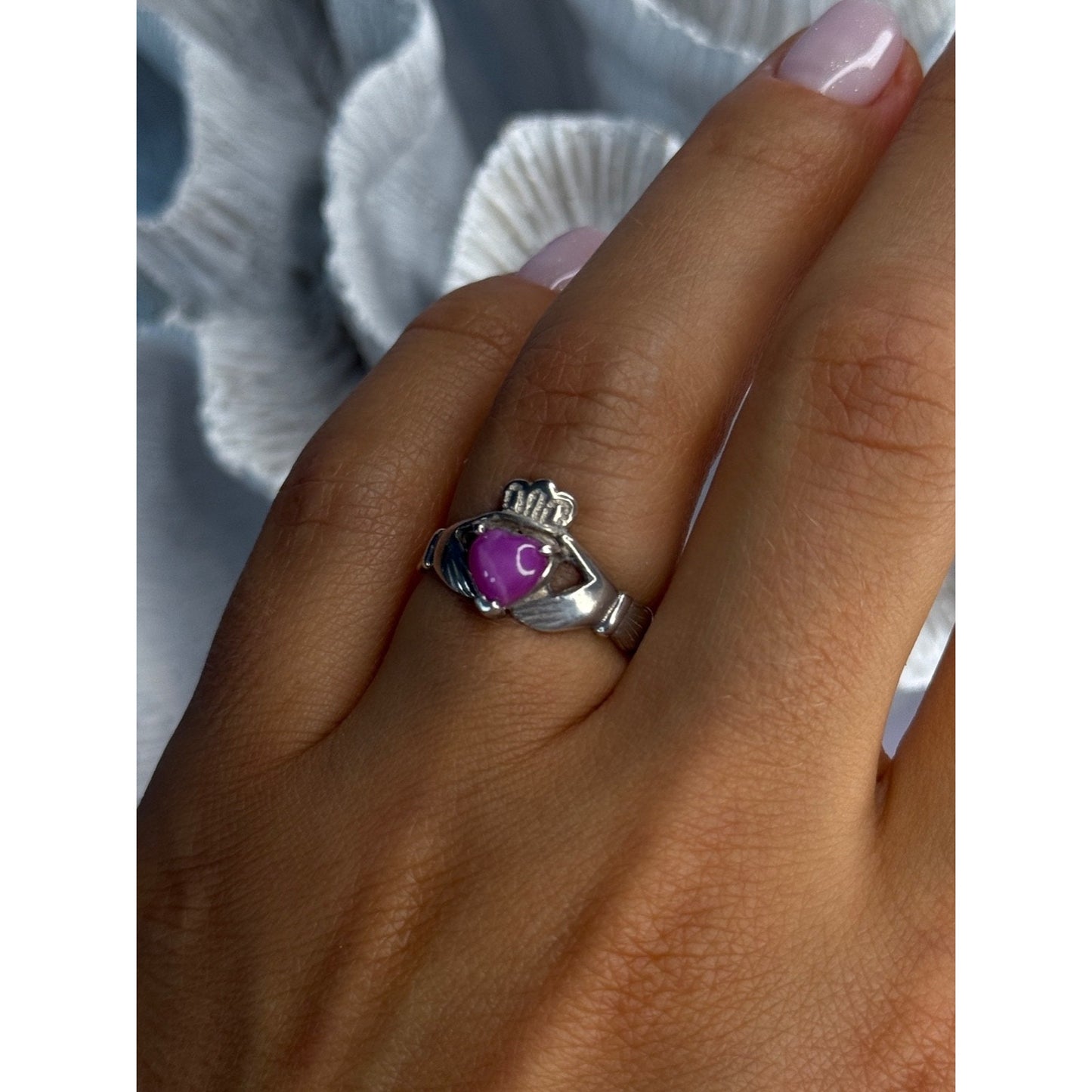 925 STERLING SILVER PINK STAR SAPPHIRE HEART RING SIZE 6