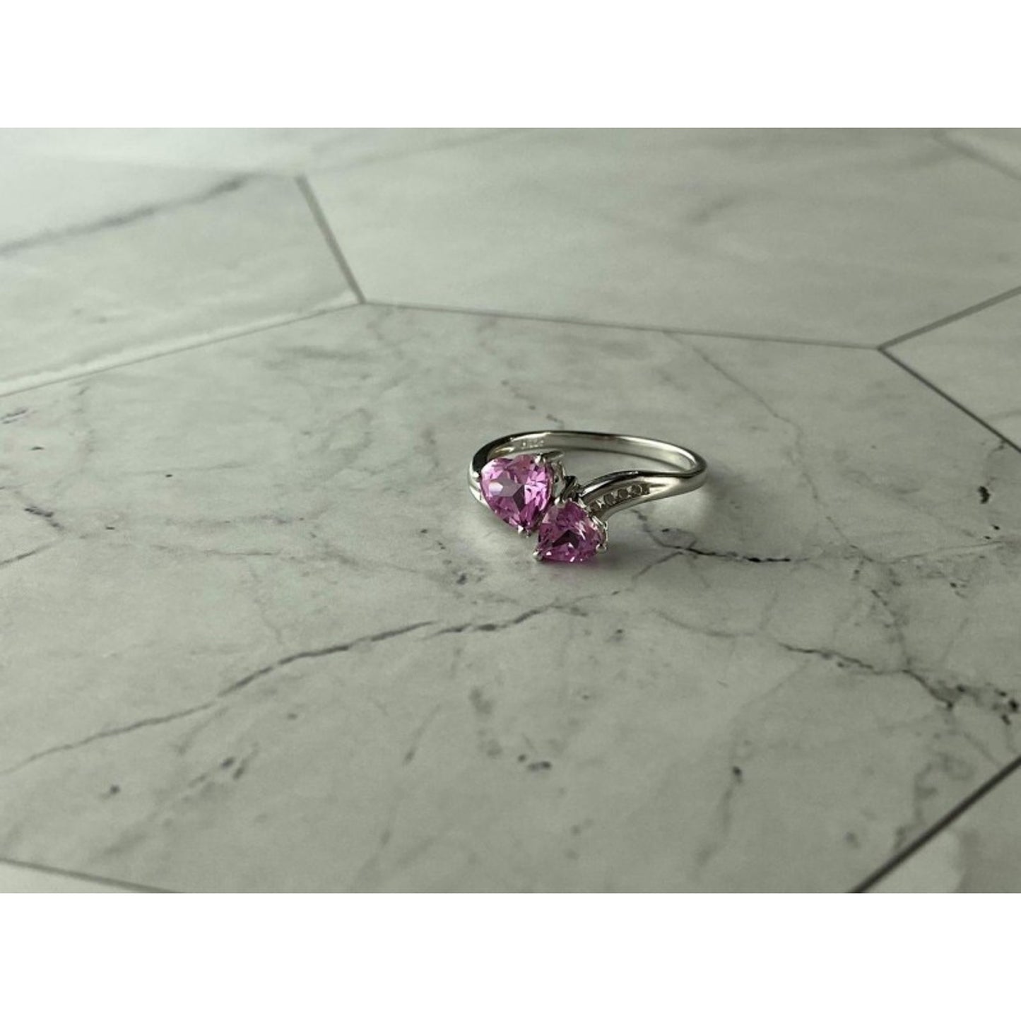 925 STERLING SILVER PINK TOPAZ "HEARTS" RING SIZE 7