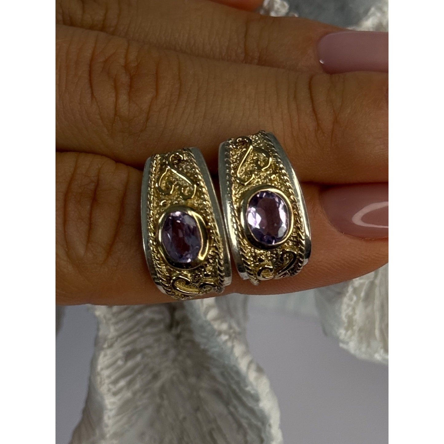 925 Sterling Silver Gold Plated Part Amethyst Earrings Length 0.70 inch