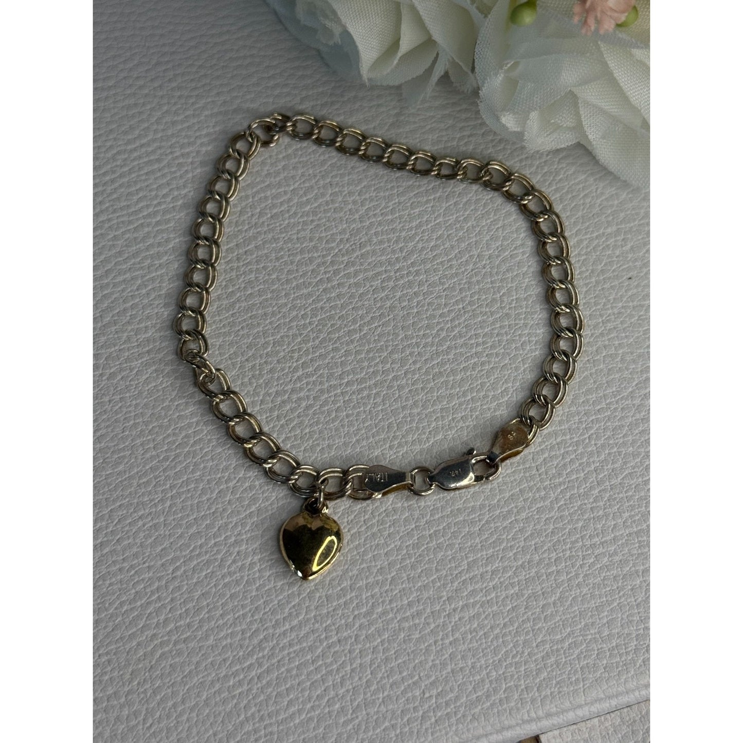925 STERLING SILVER 14K YELLOW GOLD HEART ITALY BRACELET LENGTH 7