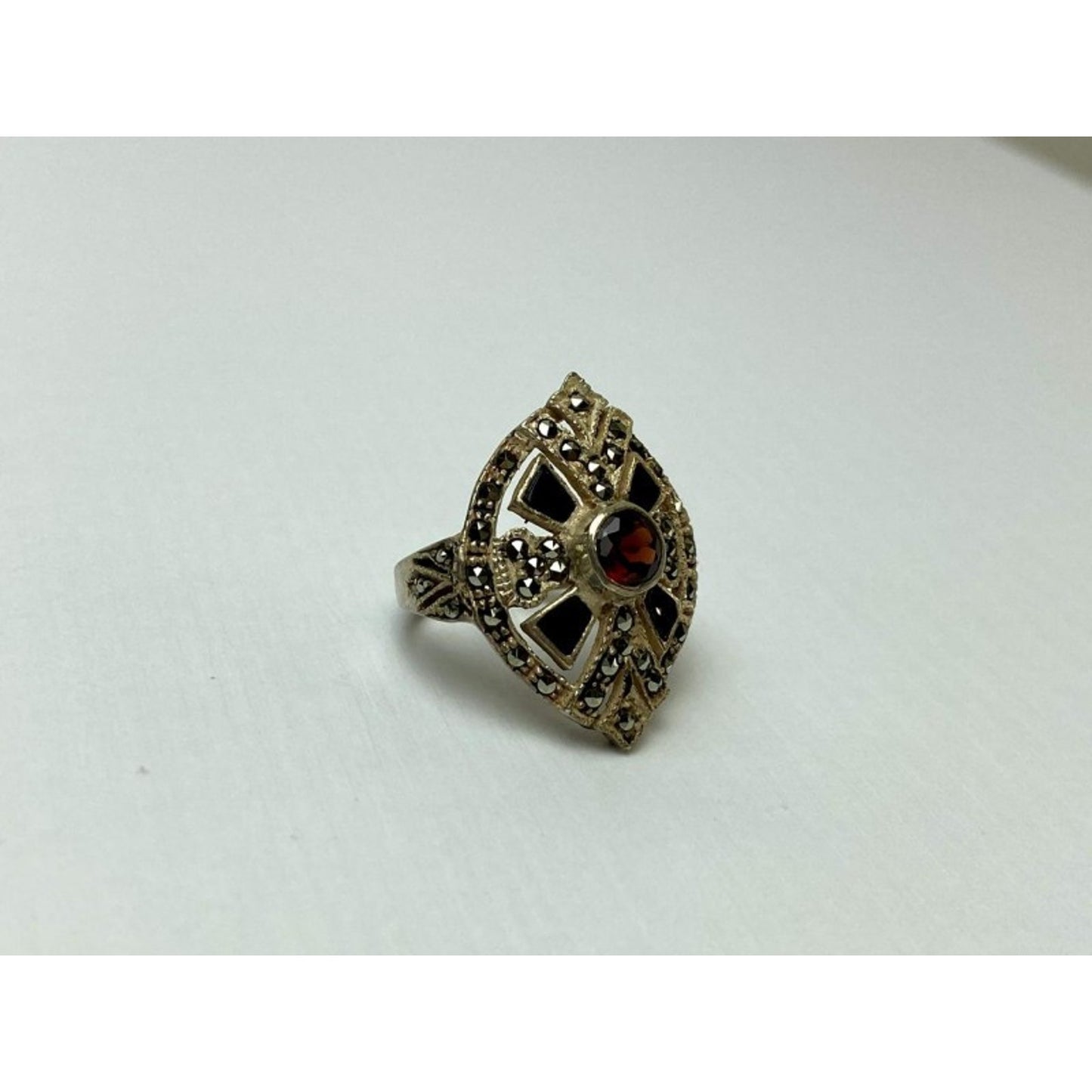 925 STERLING SILVER SPESSARTINE, BLACK NEPHRITE & MARCASITES RING SIZE 6.5