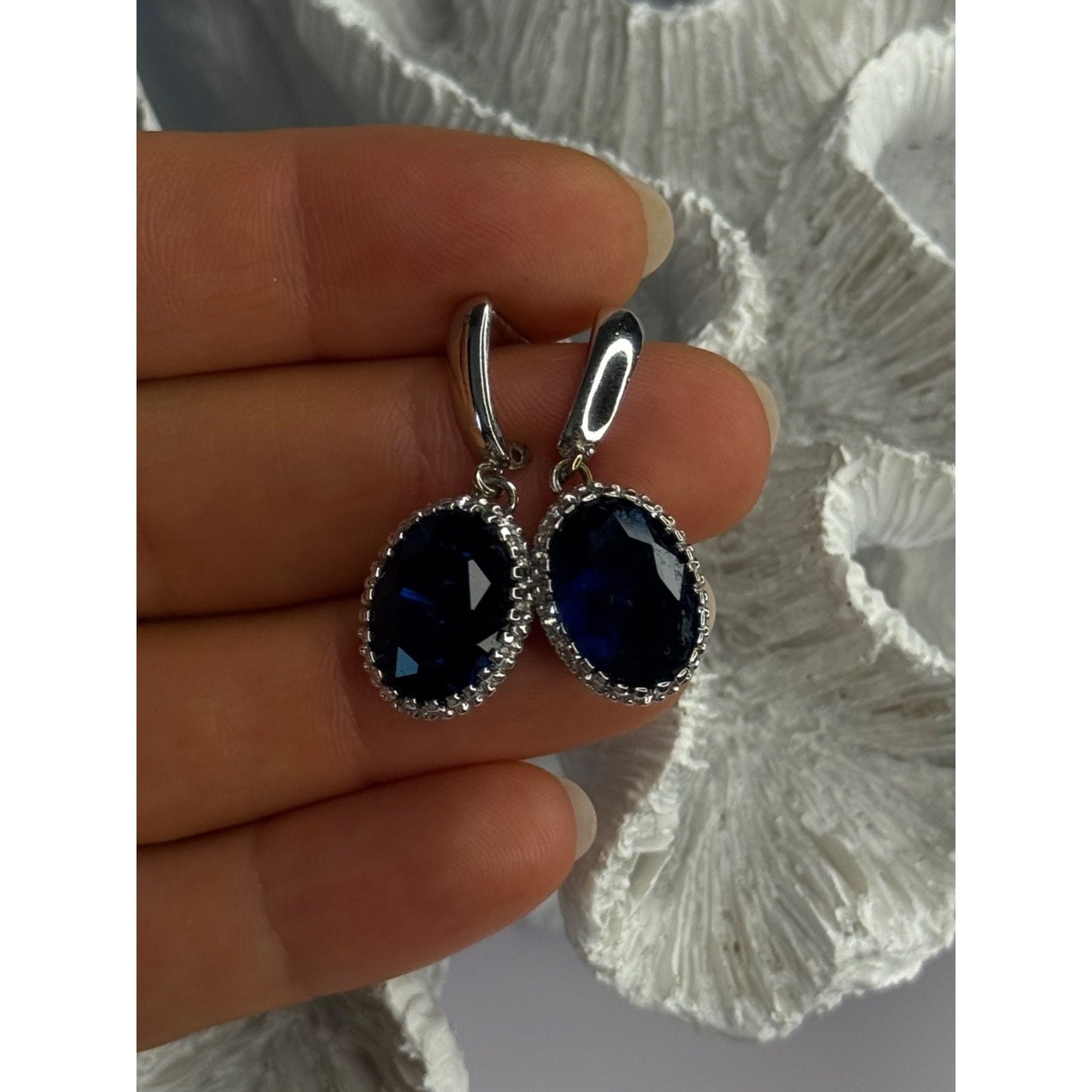 ELEGANT 925 STERLING SILVER SAPPHIRE EARRINGS LENGTH 1.20 INCH