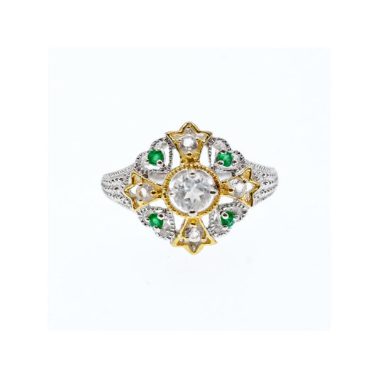 925 STERLING SILVER GOLD PLATED EMERALD & GOSHENITE RING SIZE 6.5