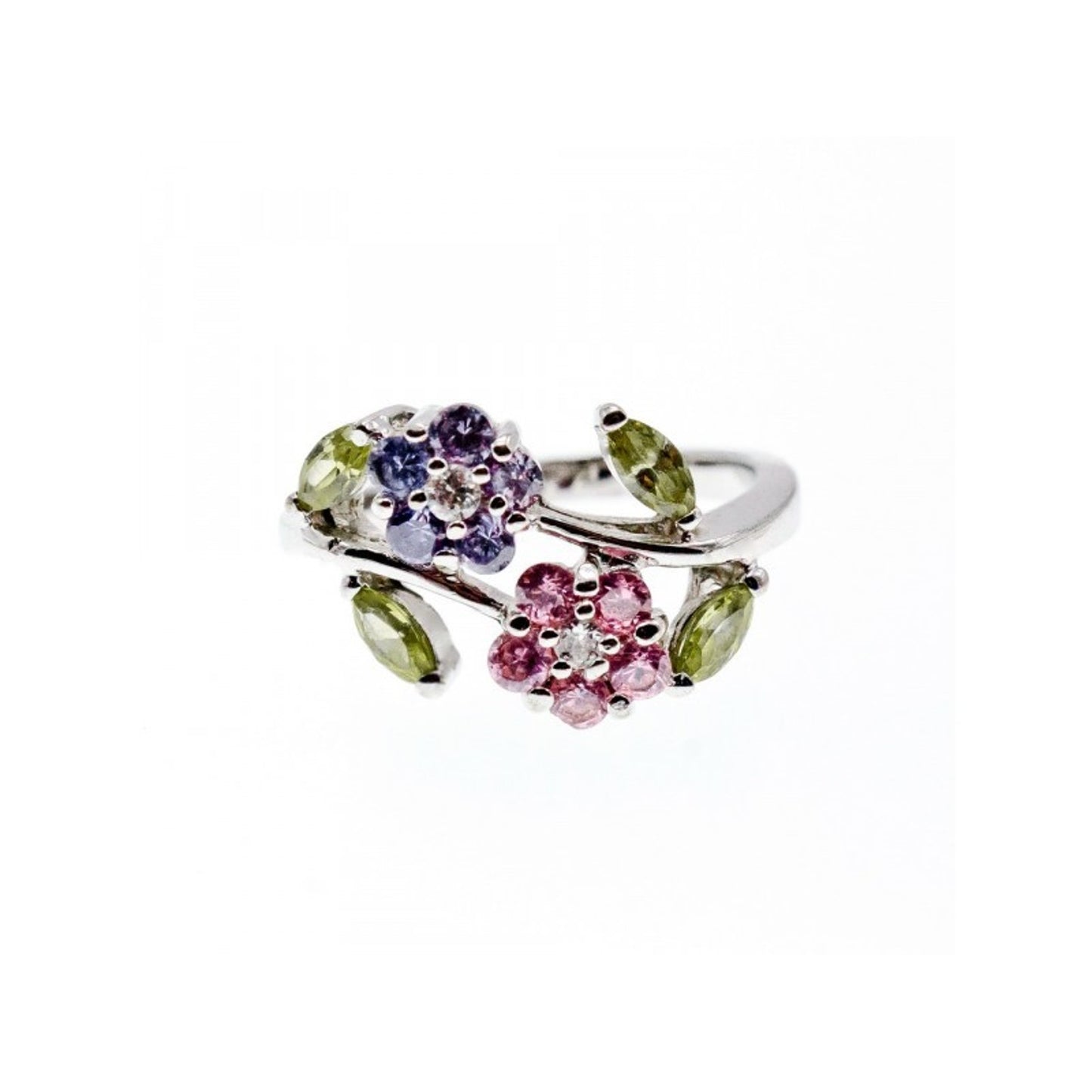 925 STERLING SILVER AMETHYST, MORGANITE, PERIDOT & CZ "FLOWERS" RING SIZE 8