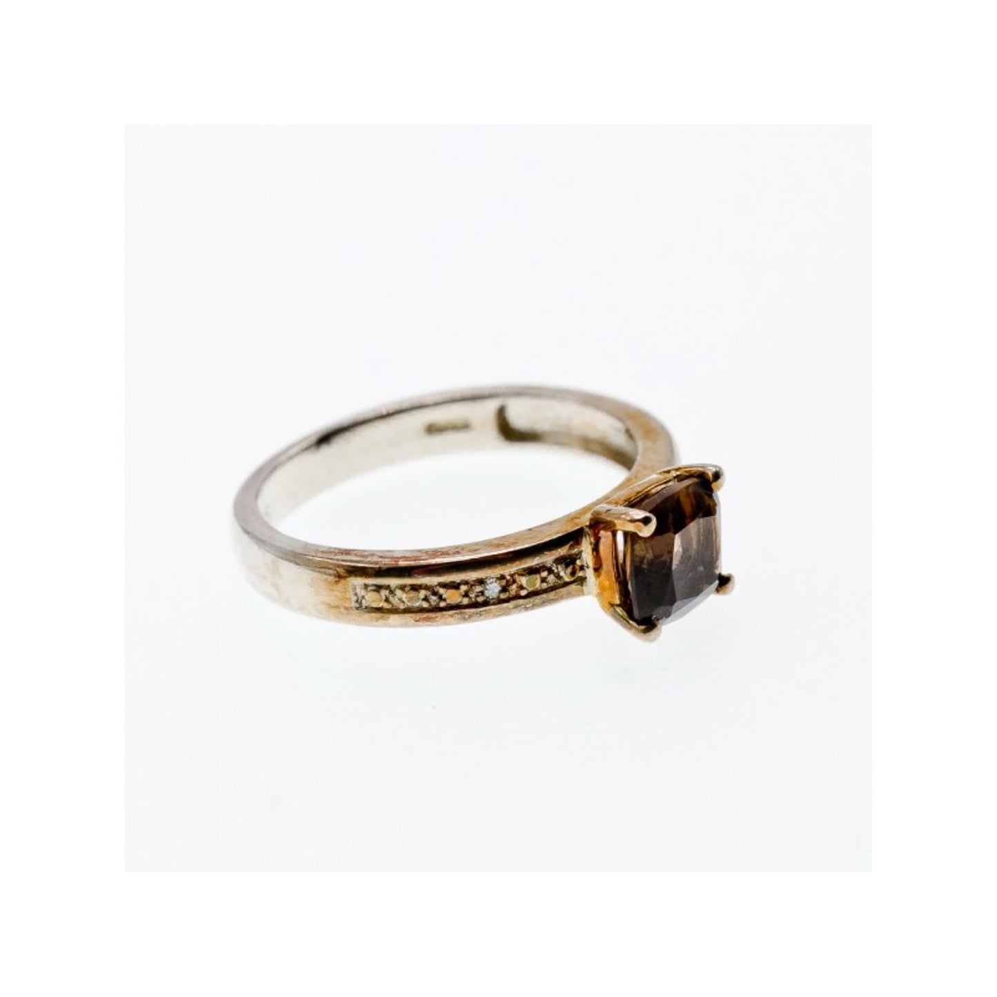 925 STERLING SILVER HESSONITE & DIAMONDS RING SIZE 7