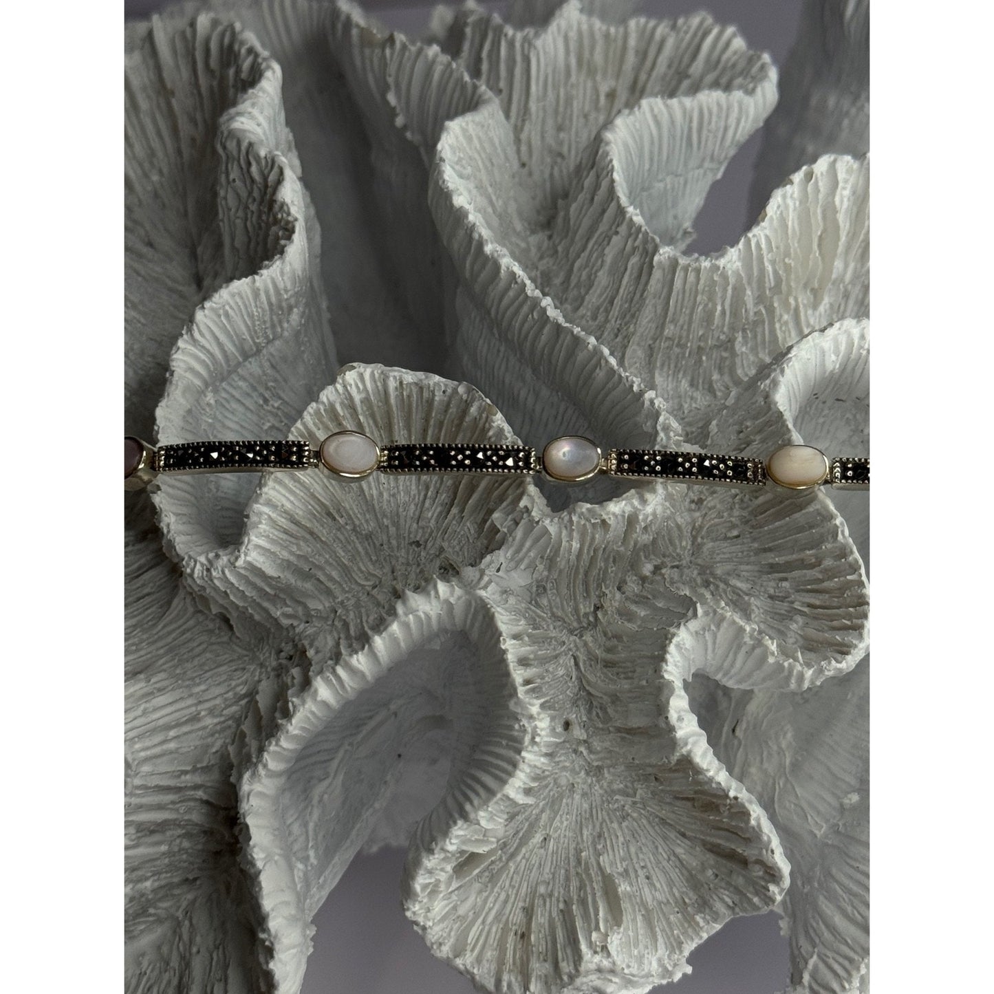 925 STERLING SILVER PINK ABALONE & MARCASITE BRACELET LENGTH 7.5