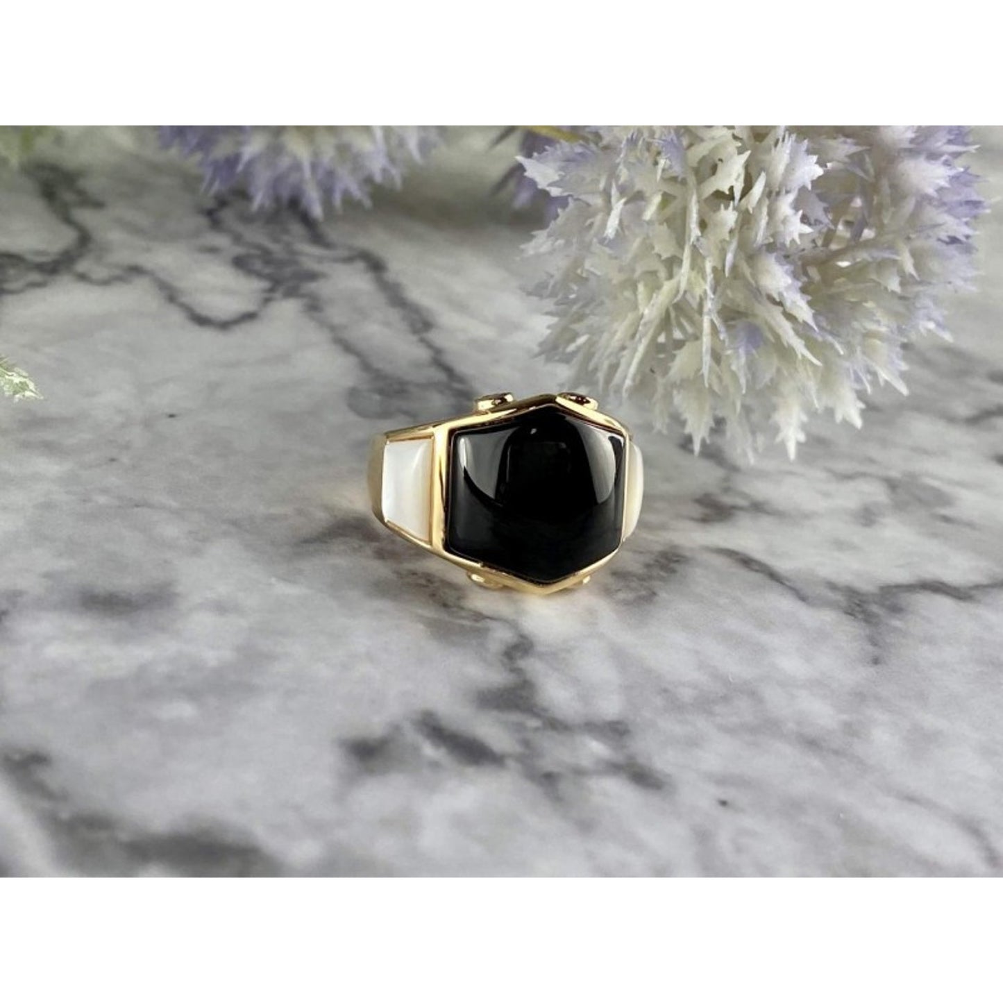 925 STERLING SILVER GOLD PLATED BLACK JADE, MOTHER OF PEARL & CZ RING SIZE 7