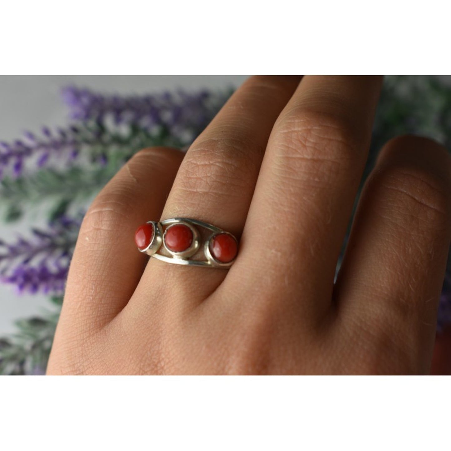 925 STERLING SILVER RED CORALS RING SIZE 6.5