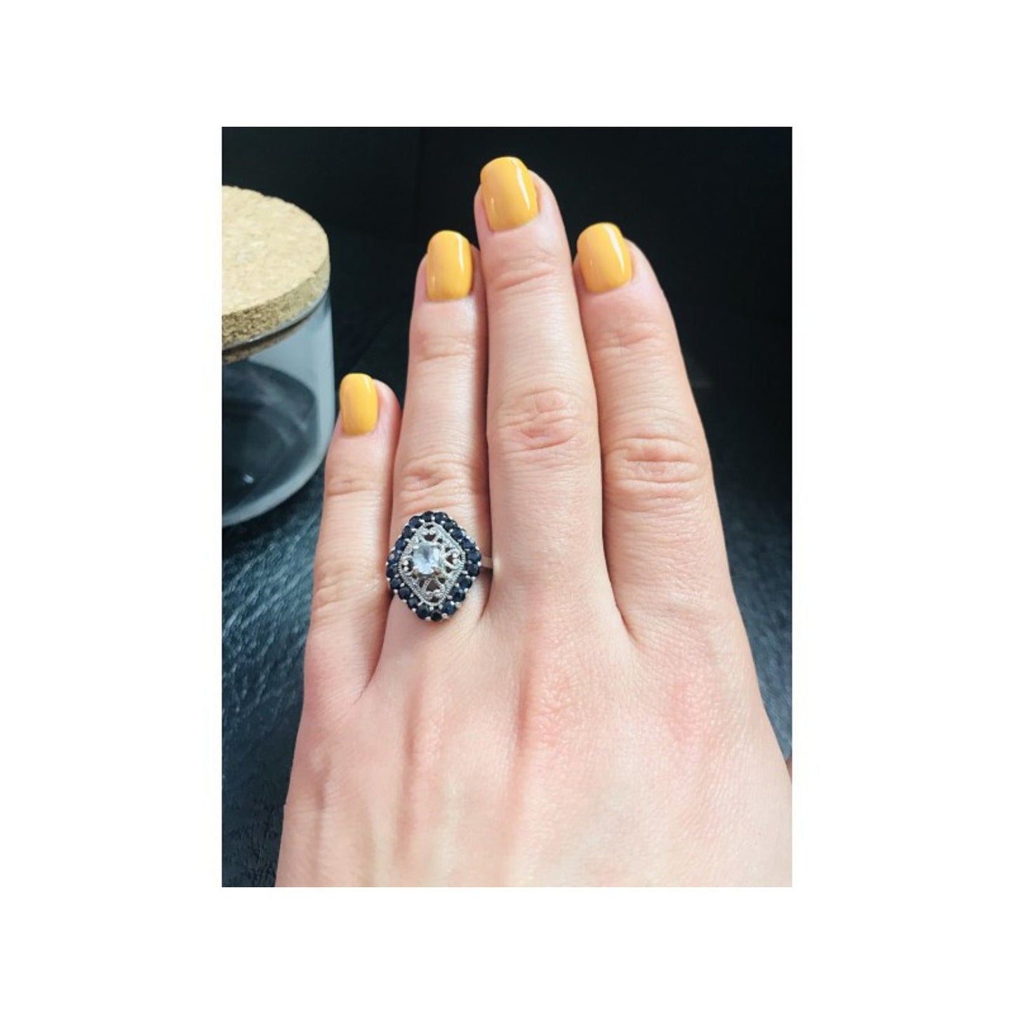 925 STERLING SILVER AQUAMARINE & DARK BLUE SPINEL RING SIZE 7